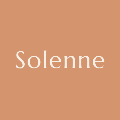 The image has a tan background with the word 'Solenne' written in white text. Solenee small-group travel retreats for women logo.