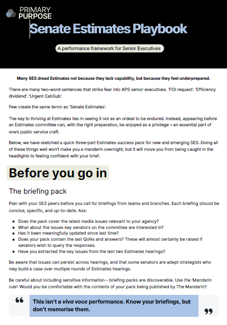 Cover page of the 'Senate Estimates Playbook' with sections titled 'Before you go in' and 'The briefing pack' and background information about preparing for Senate hearings.