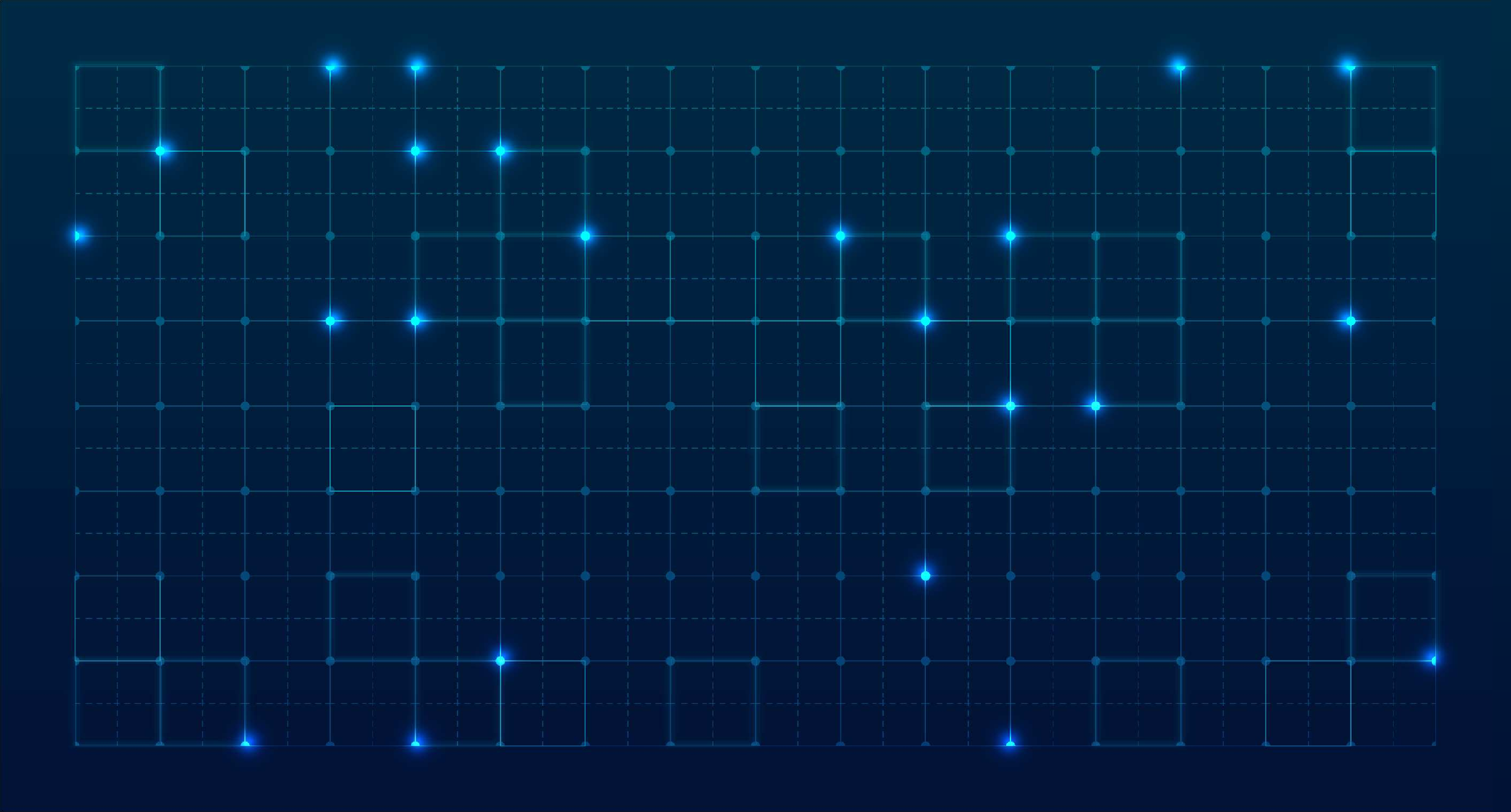 A digital, glowing grid of interconnected blue lines and bright points on a dark background, resembling a futuristic or technological interface.