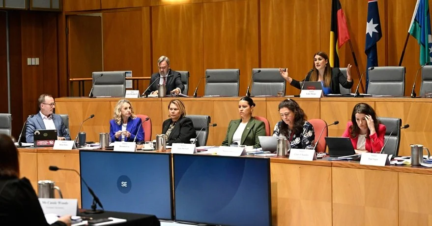 A group of women and men seated at a conference table in a formal meeting room, with some individuals working on laptops and others speaking or listening.