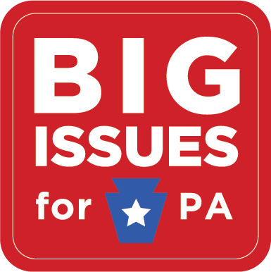 Red campaign sign with white text that says 'BIG ISSUES for PA' and a blue outline of the state of Pennsylvania with a white star inside.