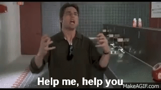 Man gesturing with hands in front of him, speaking passionately, with subtitle 'Help me, help you'.