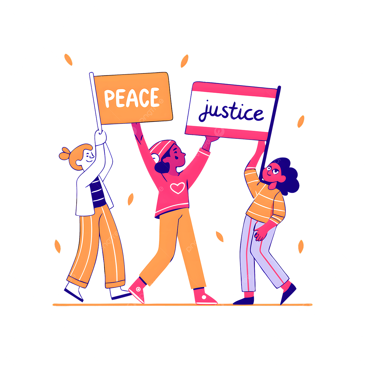 Three women holding signs that read 'PEACE' and 'justice', standing outdoors with falling leaves.