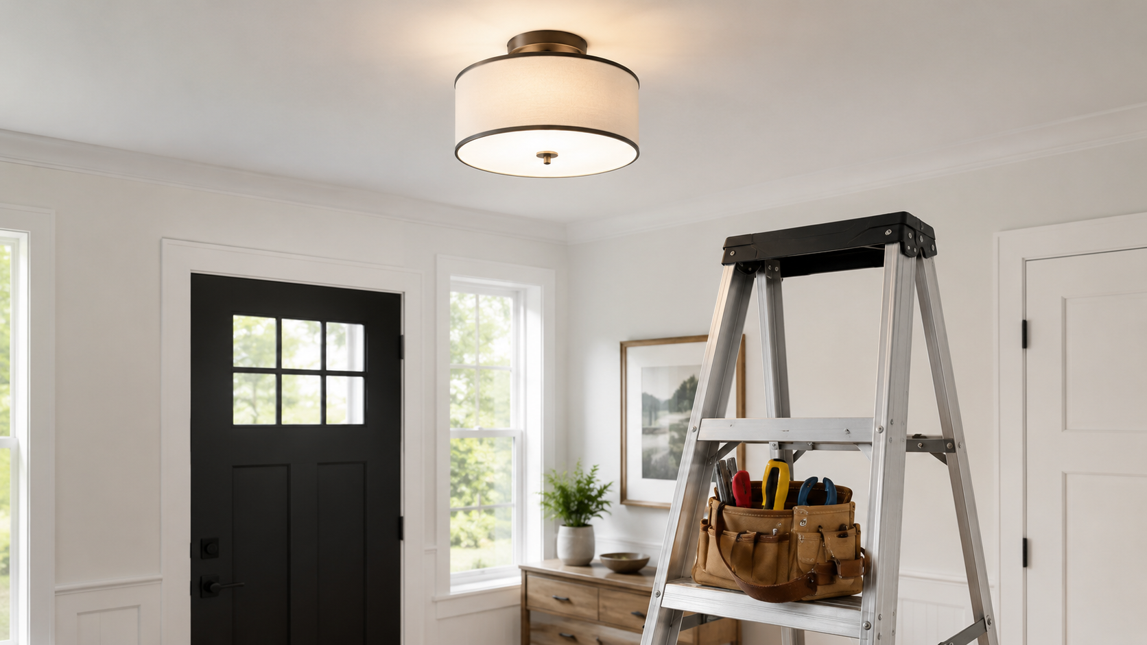 Interior of a bright room with a black front door, large windows, a wooden side table with a potted plant and framed picture, and a step ladder with tools in a tool belt.