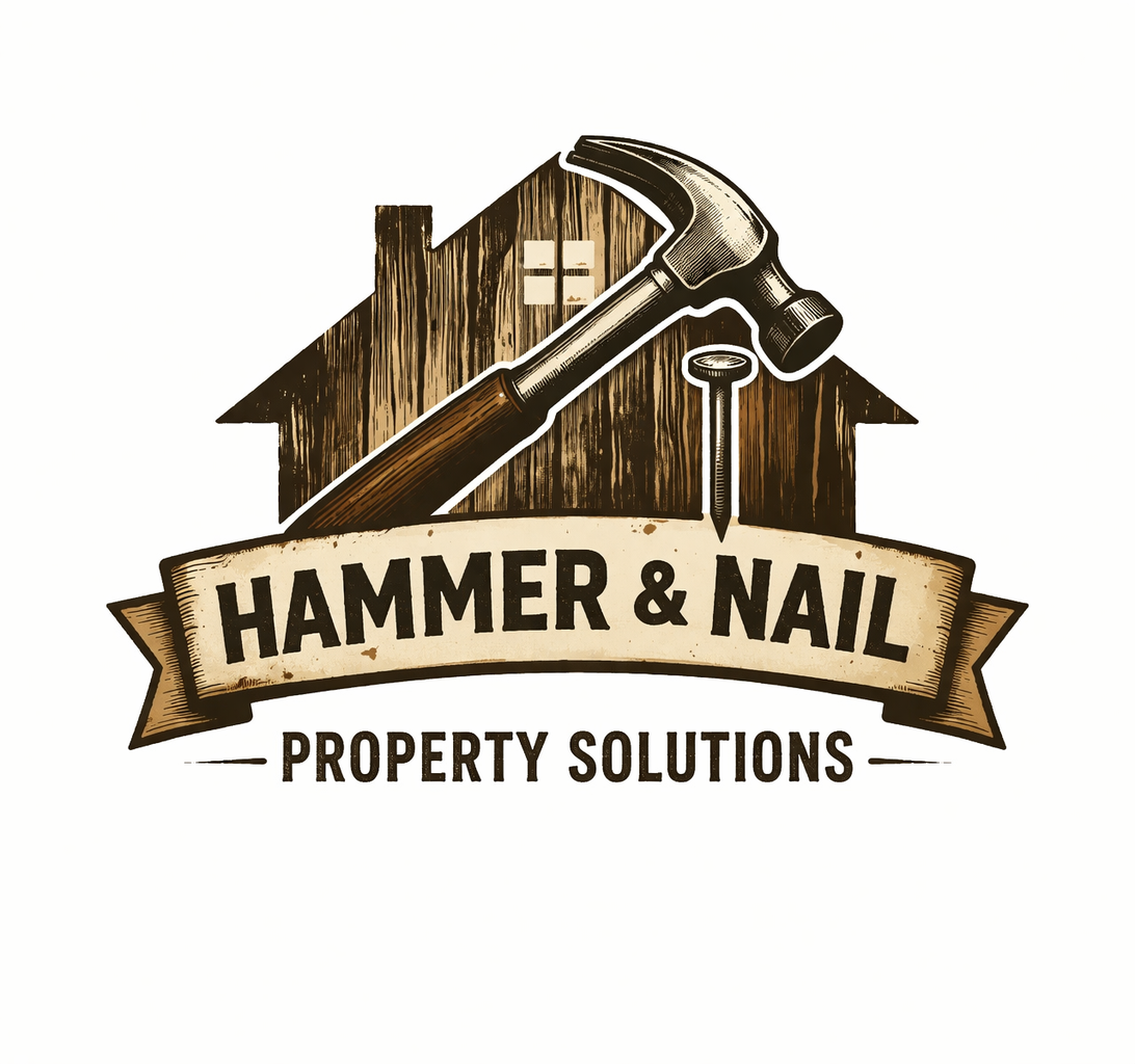 Logo for Hammer & Nail Property Solutions featuring a wooden house outline, hammer, and nail with a ribbon banner.