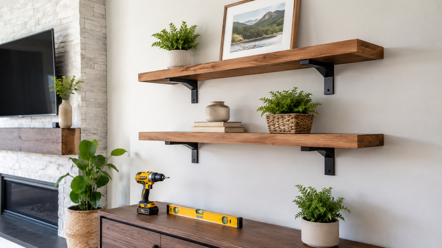Living room with two wooden shelves mounted on a wall, decorated with potted plants, framed photographs, and decorative items, with a TV and a brick fireplace to the side. There are also tools and a spirit level on a wooden cabinet below.