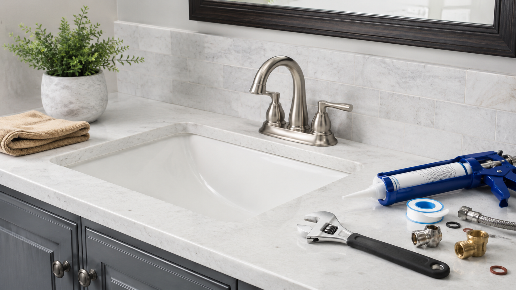 Bathroom sink with plumbing tools, a caulking gun, pipes, washers, and an adjustable wrench on the countertop, with a potted plant and towel nearby.