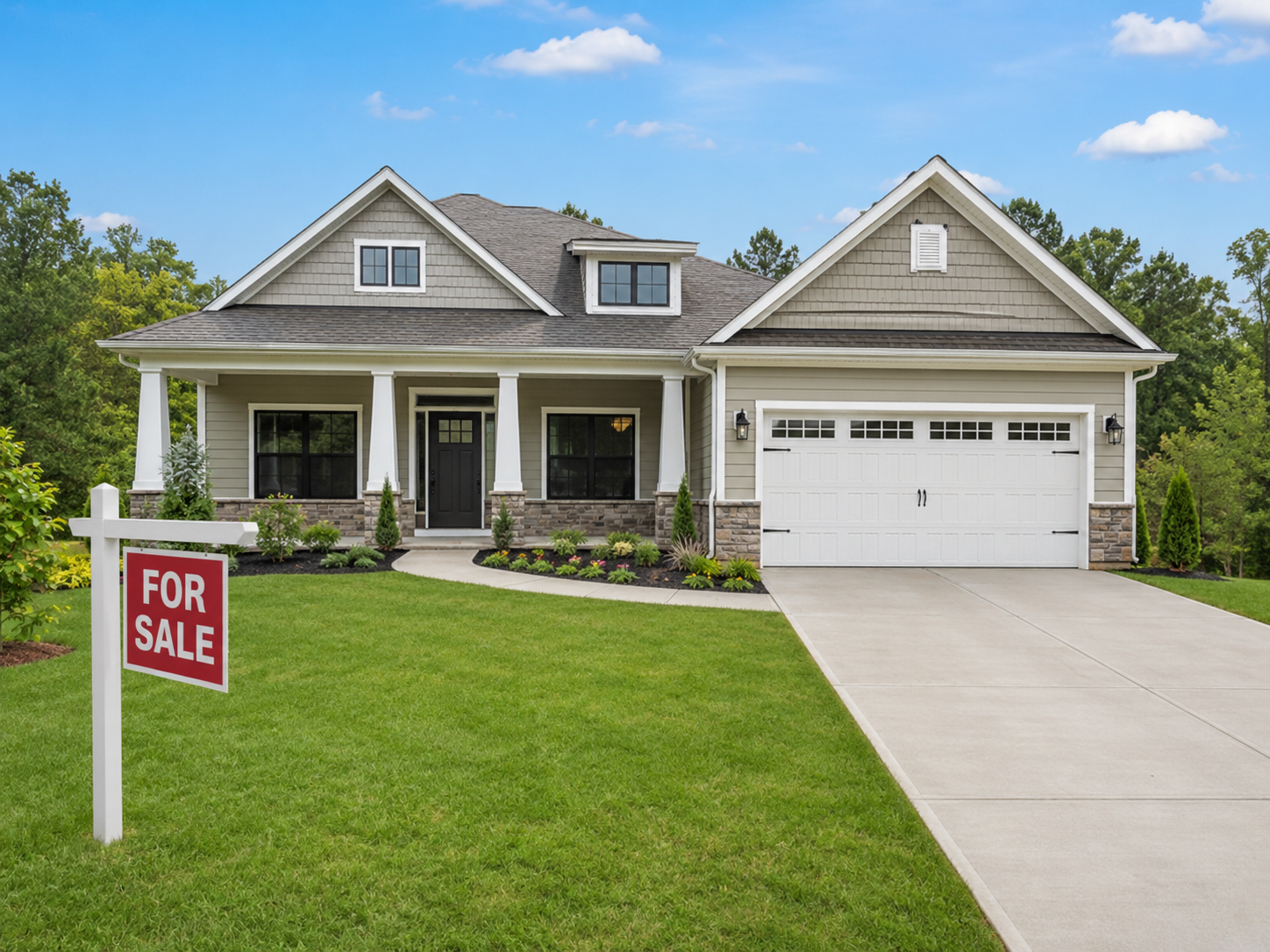 Two-story house with a front porch, gray siding, stone accents, a white garage door, and a well-maintained lawn with a 'For Sale' sign.