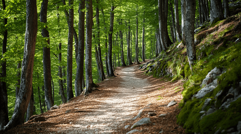 A dirt trail winding through a dense green forest with tall trees and moss-covered rocks.