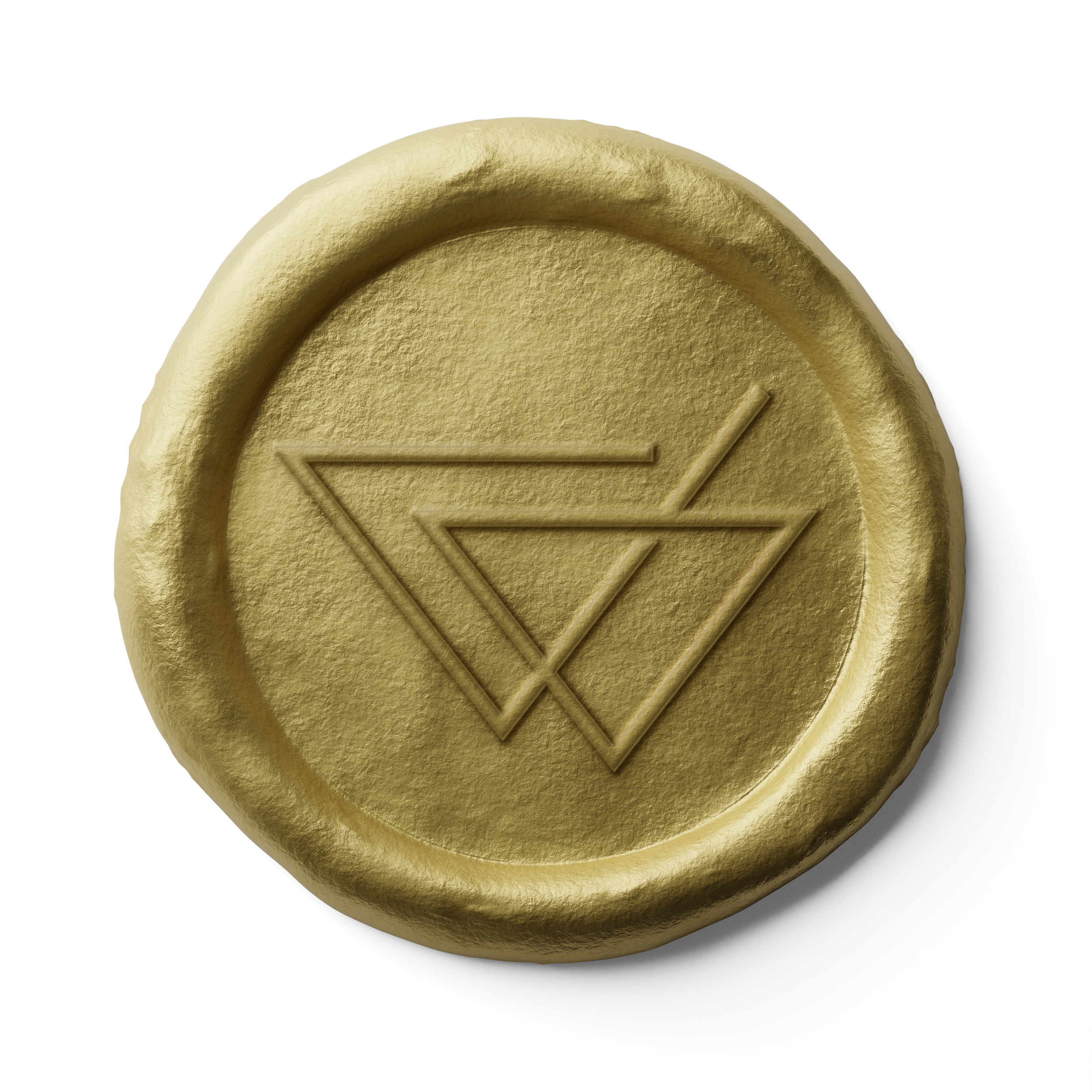 Imagem de um selo dourado com um símbolo geometricamente organizado, incluindo triângulos e linhas retas, no centro.