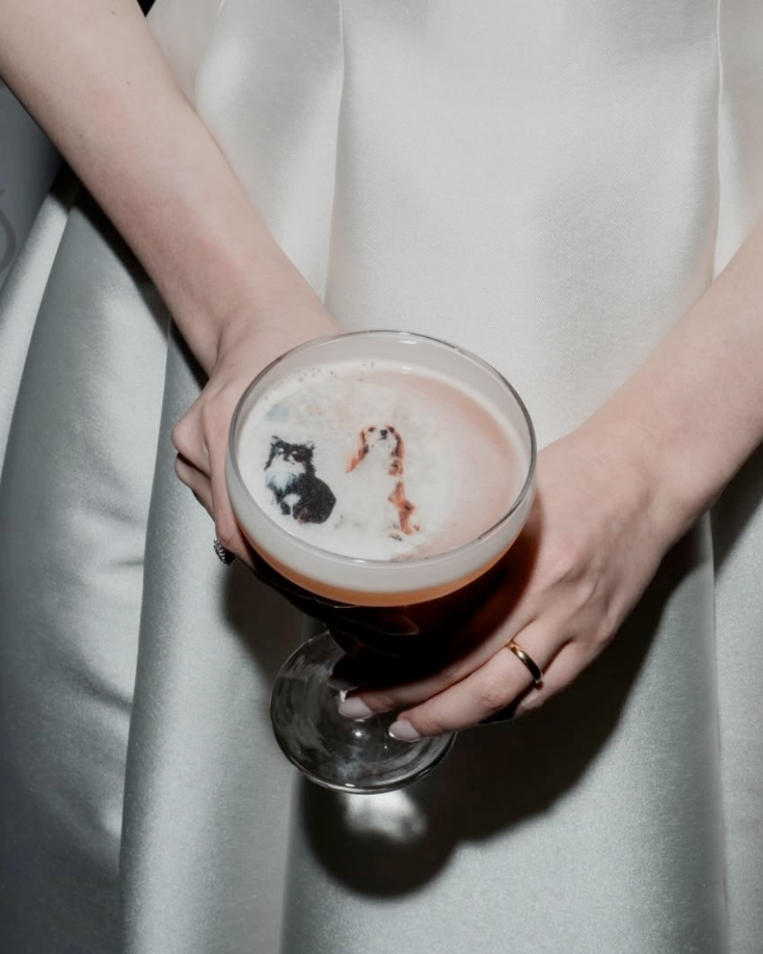 Pessoa segurando uma taça de drinque com ilustrações de cachorros na superfície do líquido.