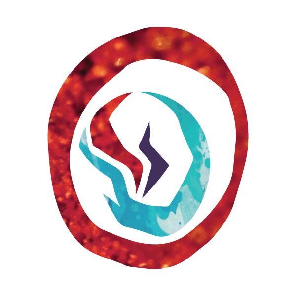 An abstract graphic design resembling an eye or a spiral with red, black, and blue colors.