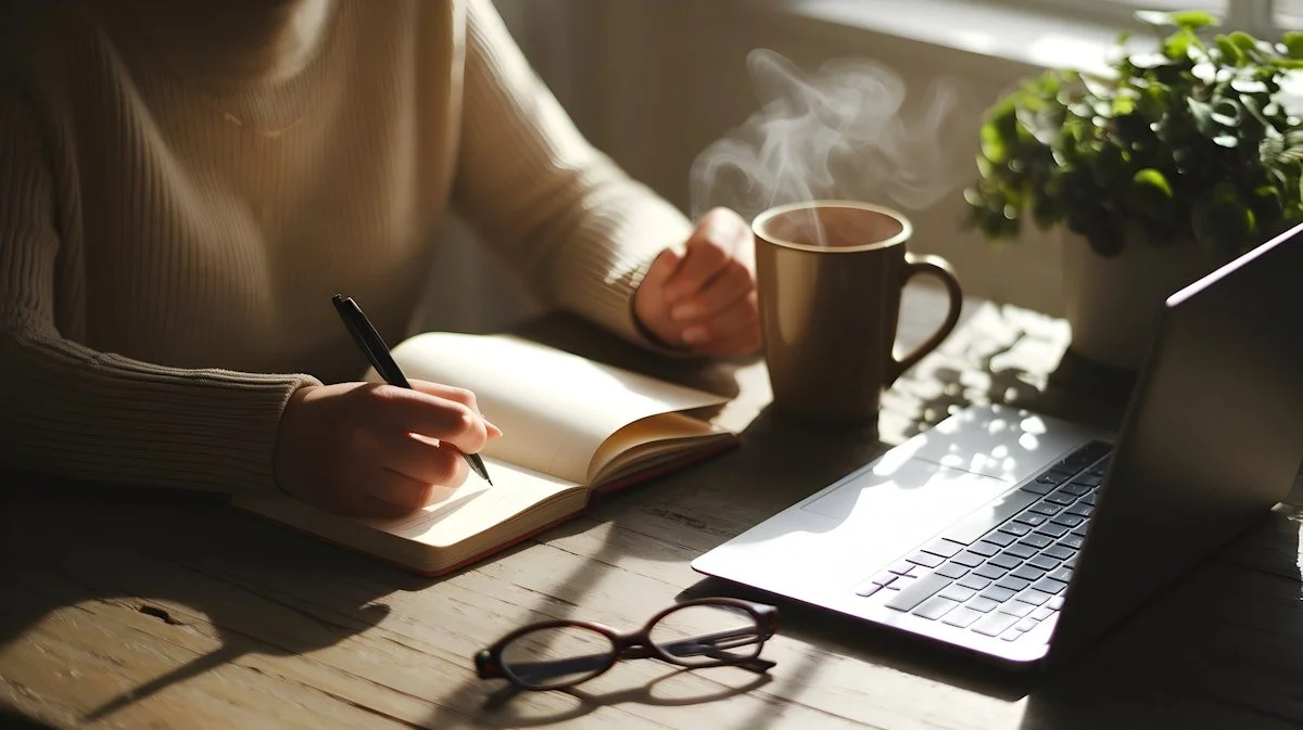 Person writing in a notebook with a pen, a steaming mug, glasses, a laptop, and a plant on a wooden table, sunlight streaming in.