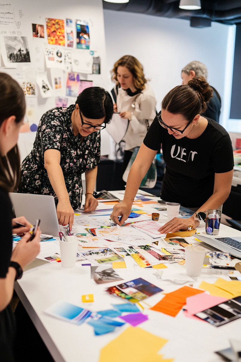 People working on a creative project around a table with papers, photos, and art supplies in a bright room.