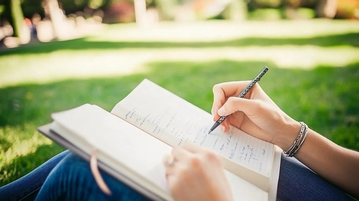Person sitting on grass outdoors, writing in a notebook with a pen, with a blurred green park background.