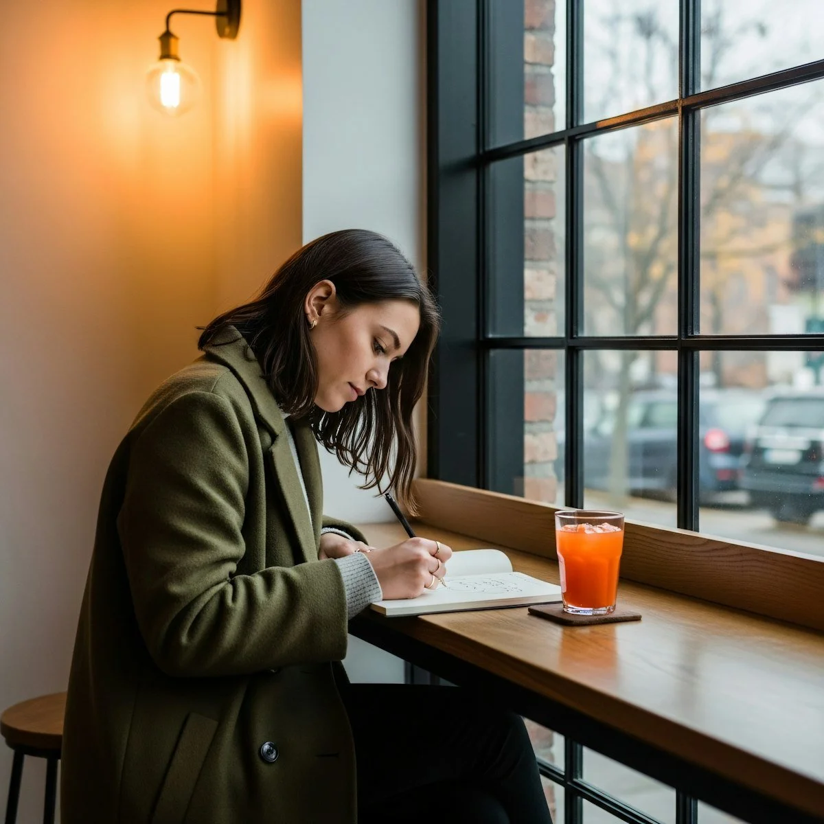 A woman sitting at a window counter in a cozy cafe, writing in a notebook with a glass of orange juice on the counter beside her.