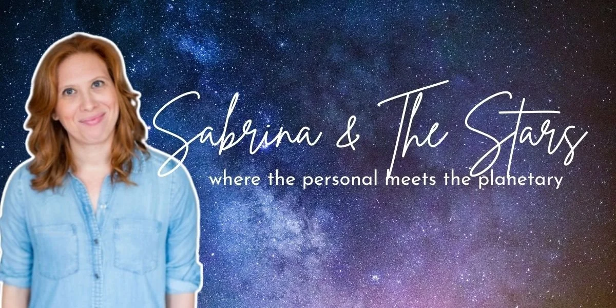 A woman with red hair in a light blue shirt standing against a starry night sky background with the text 'Sabrina & The Stars where the personal meets the planetary'.
