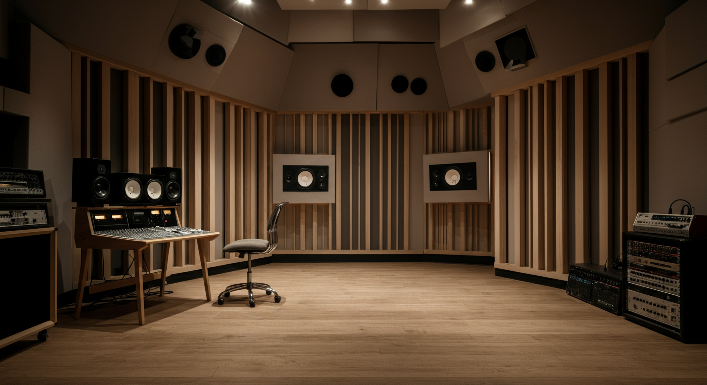 Empty professional recording studio with wooden acoustic panels, a mixing console, studio monitors, and audio equipment.
