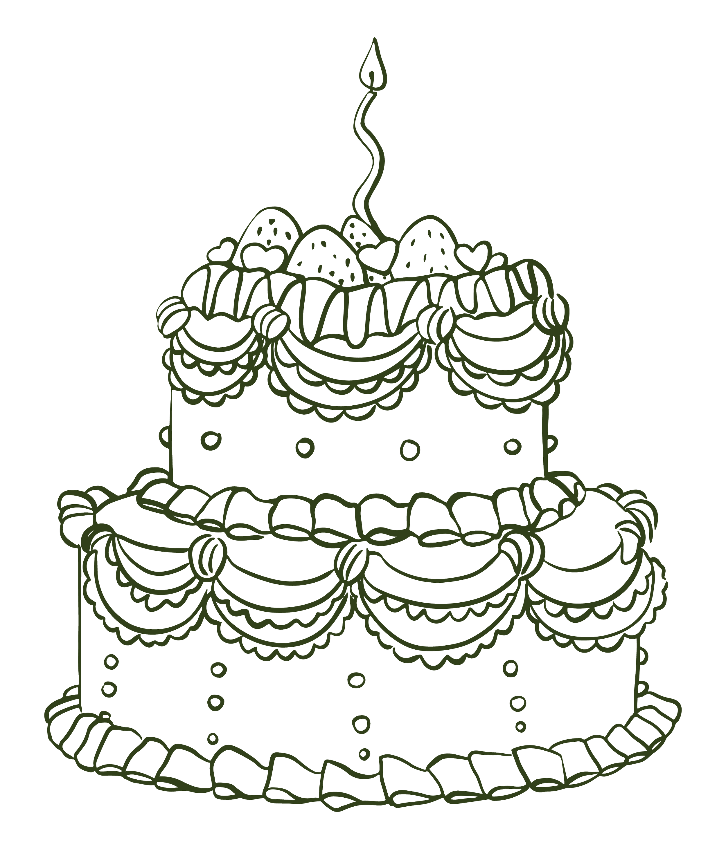 Line drawing of a three-tiered birthday cake with decorative frosting, strawberries on top, and a single lit candle.