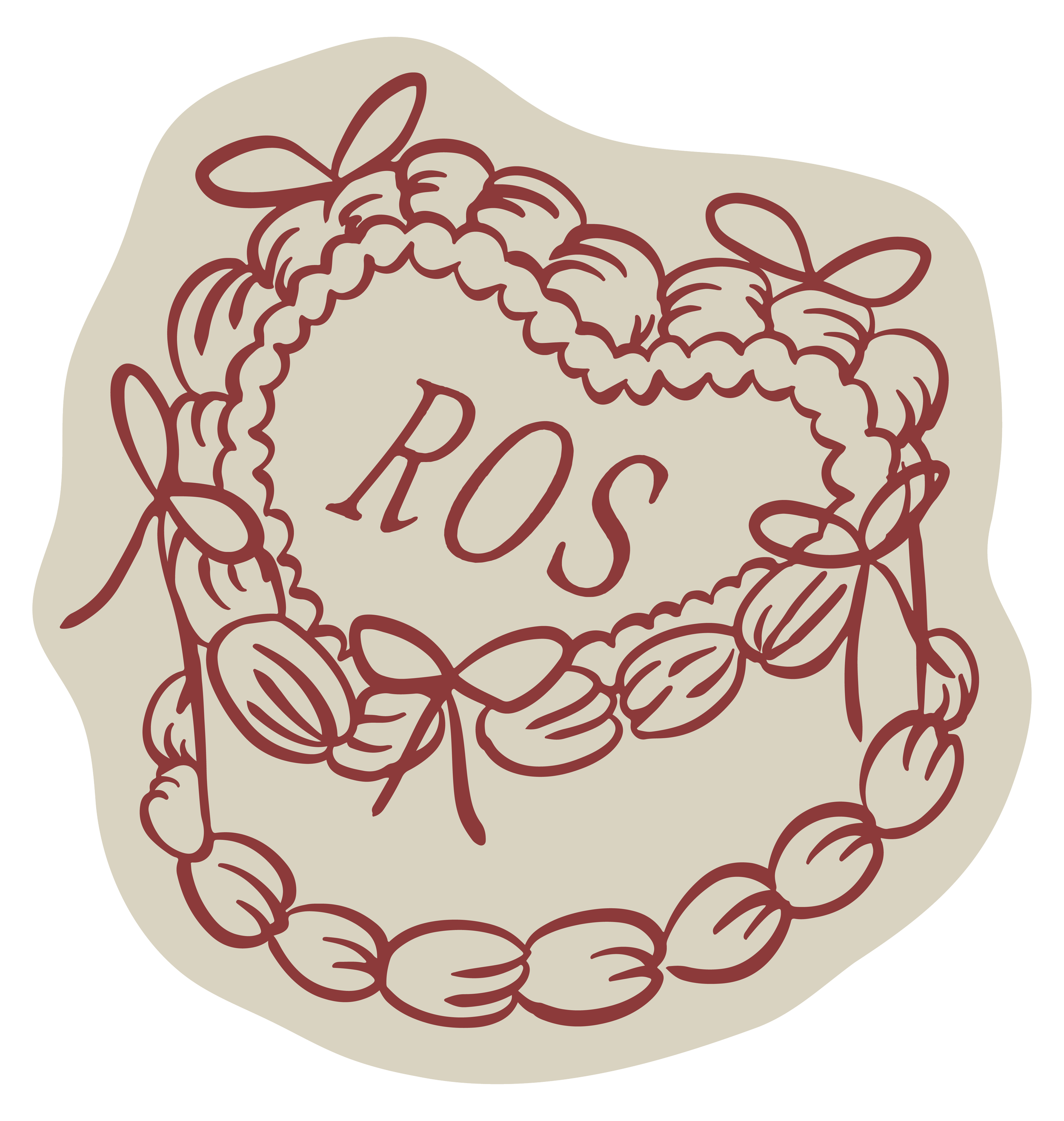 A decorative label with the word "ROS" surrounded by a wreath of rosebuds and leaves in a vintage style.