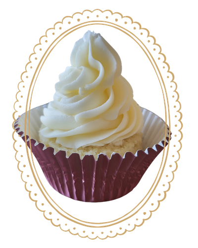 Cupcake with white swirl frosting in a dark red liner