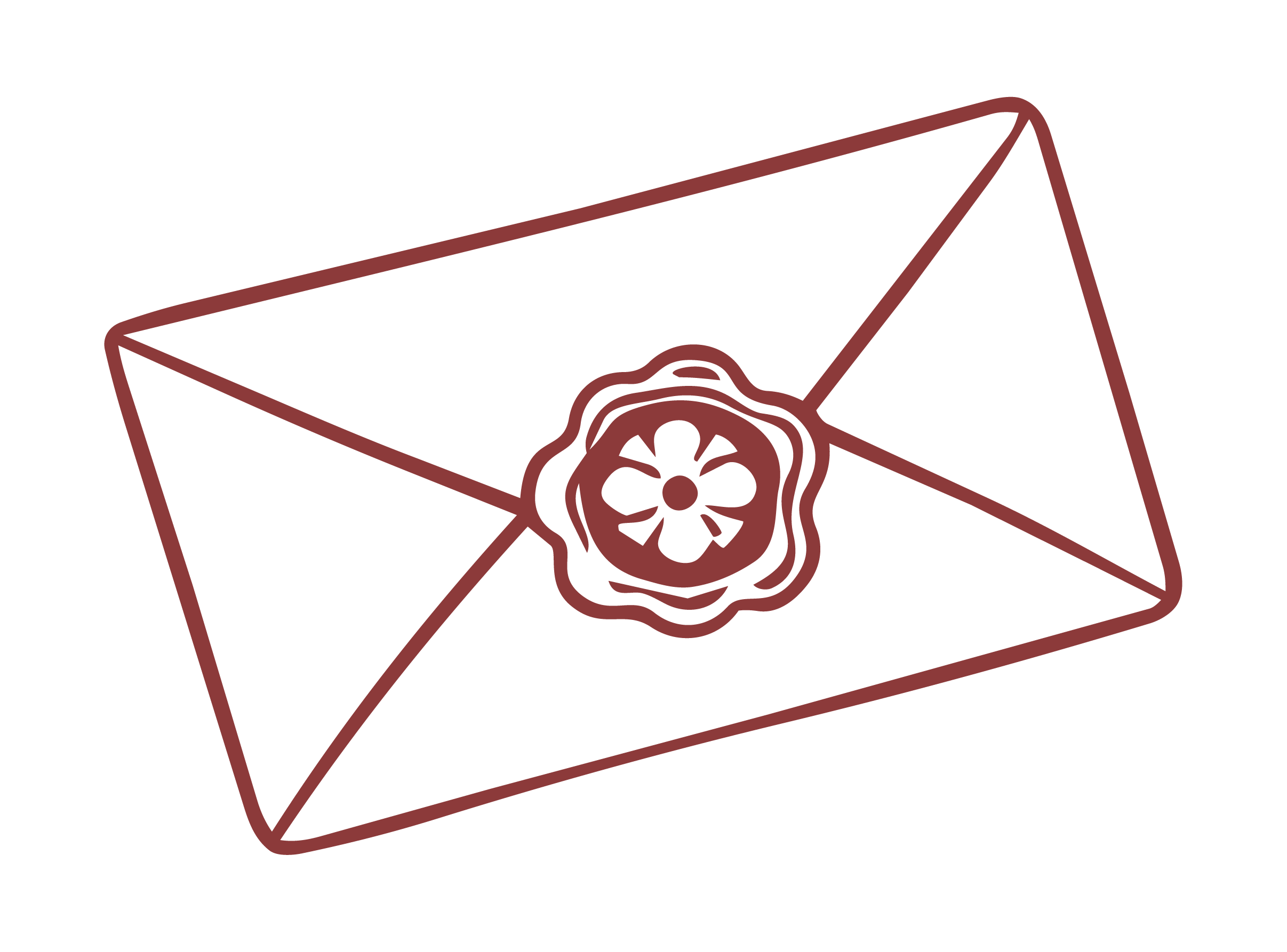 Outline of a sealed envelope with a wax seal featuring a flower design on black background.