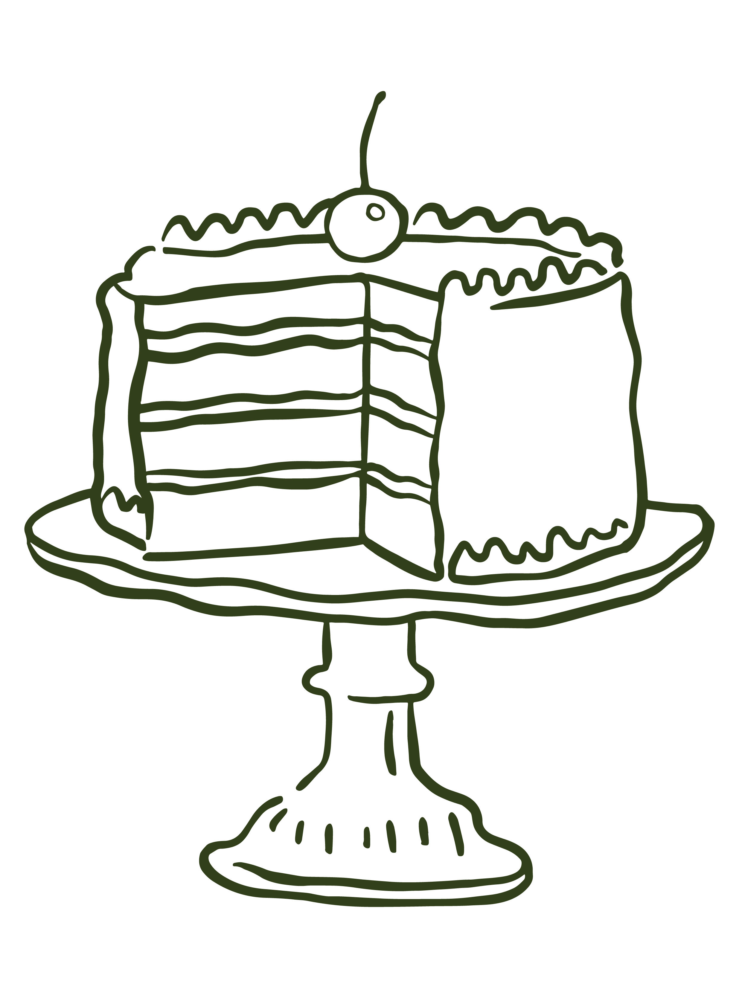 Line drawing of a layered slice of cake with icing on a cake stand.