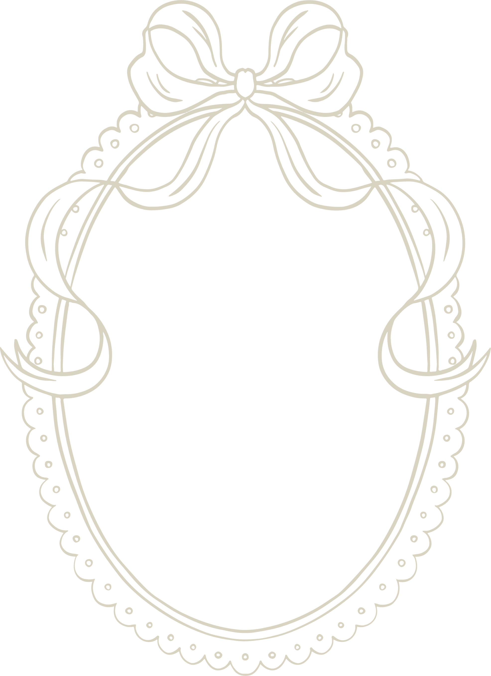 An elegant, ornate oval picture frame with a bow at the top, decorated with small dots and delicate details, suitable for a photograph or artwork.