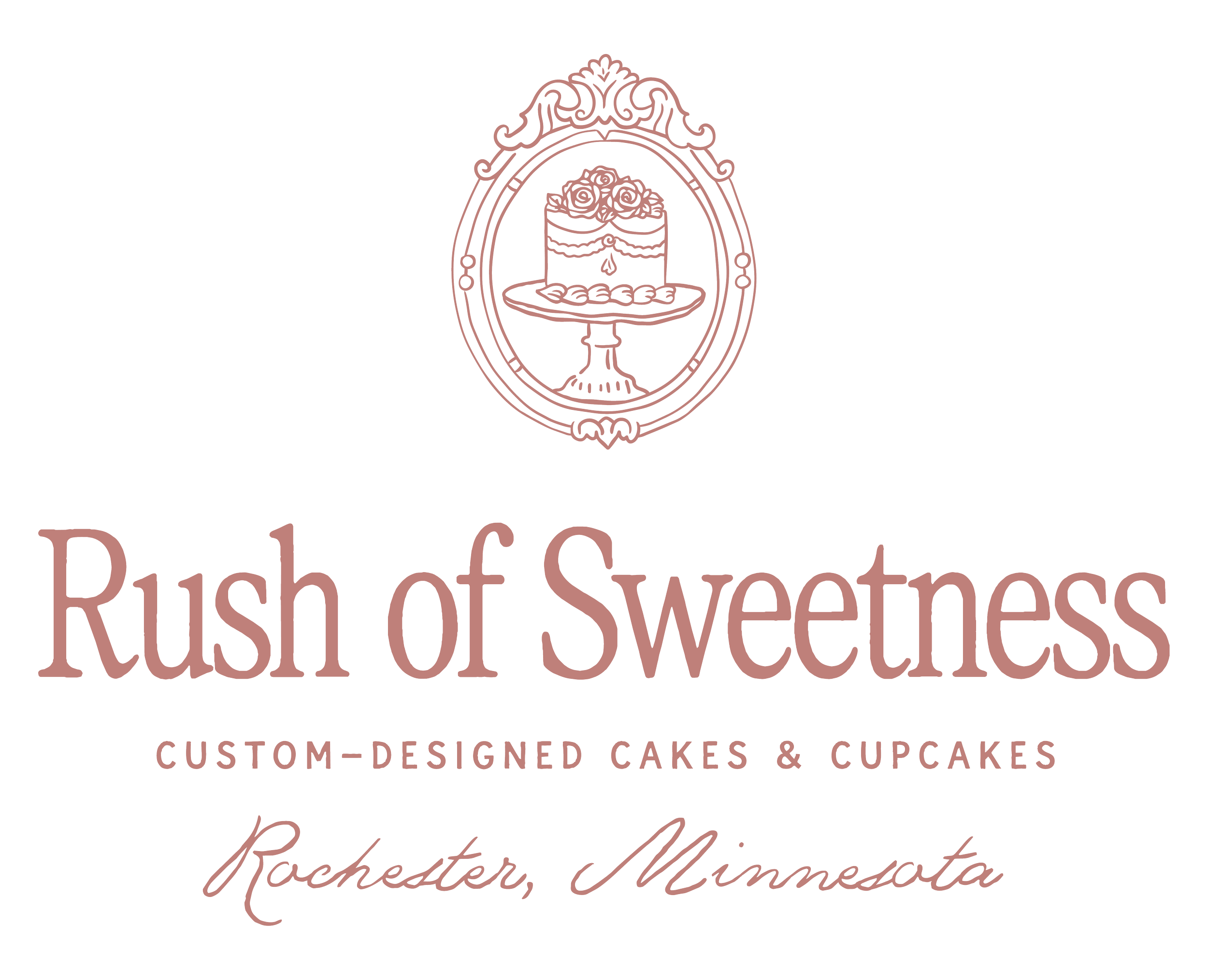Logo for Rush of Sweetness with an illustration of a cake on a cake stand, and text indicating they offer custom cakes and cupcakes in Rochester, Minnesota.