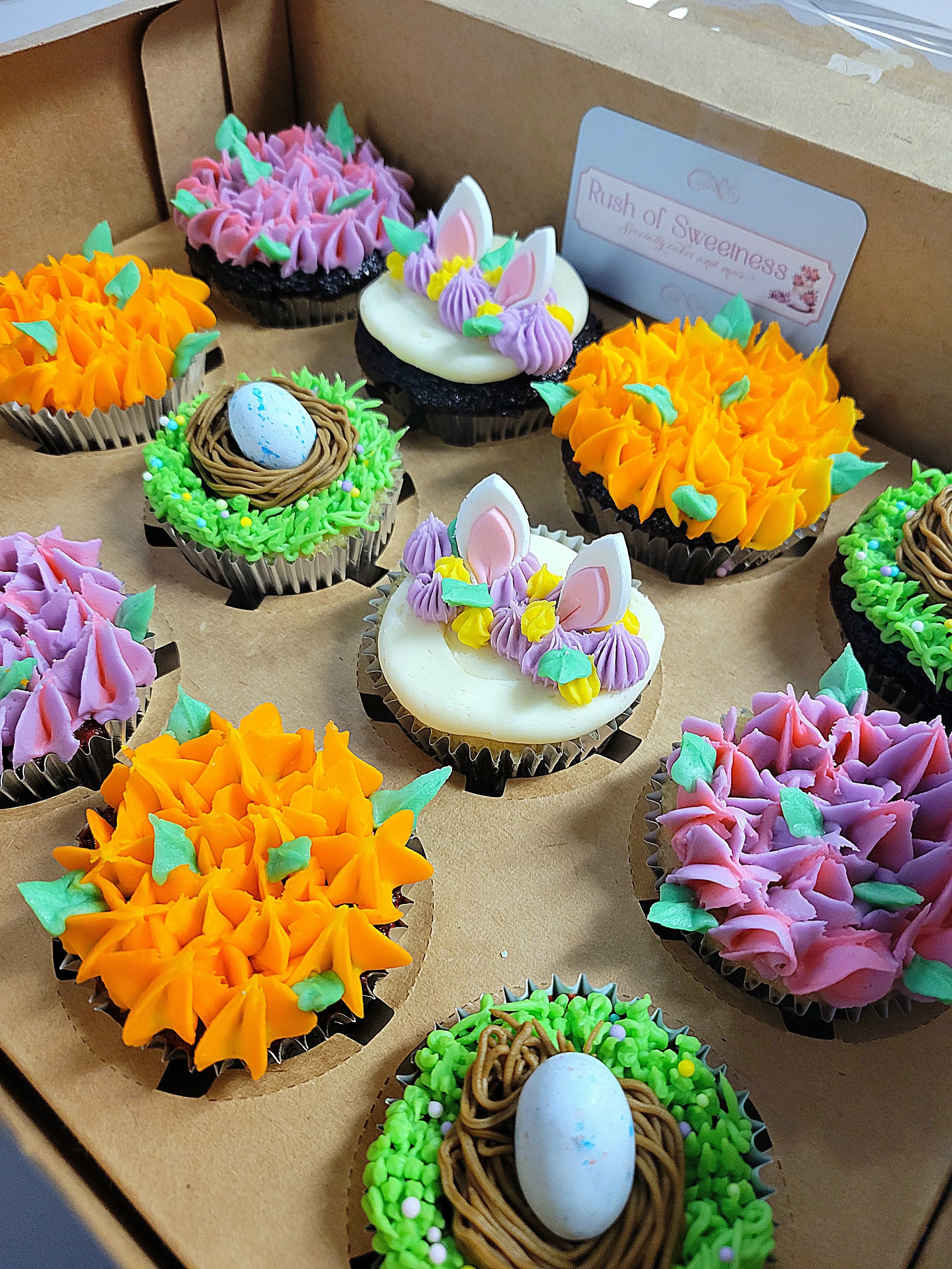 Custom spring cupcakes in Rochester, MN featuring soft pastel colors, floral buttercream designs, and seasonal flavors. Perfect for baby showers, bridal showers, Easter celebrations, and spring birthdays.