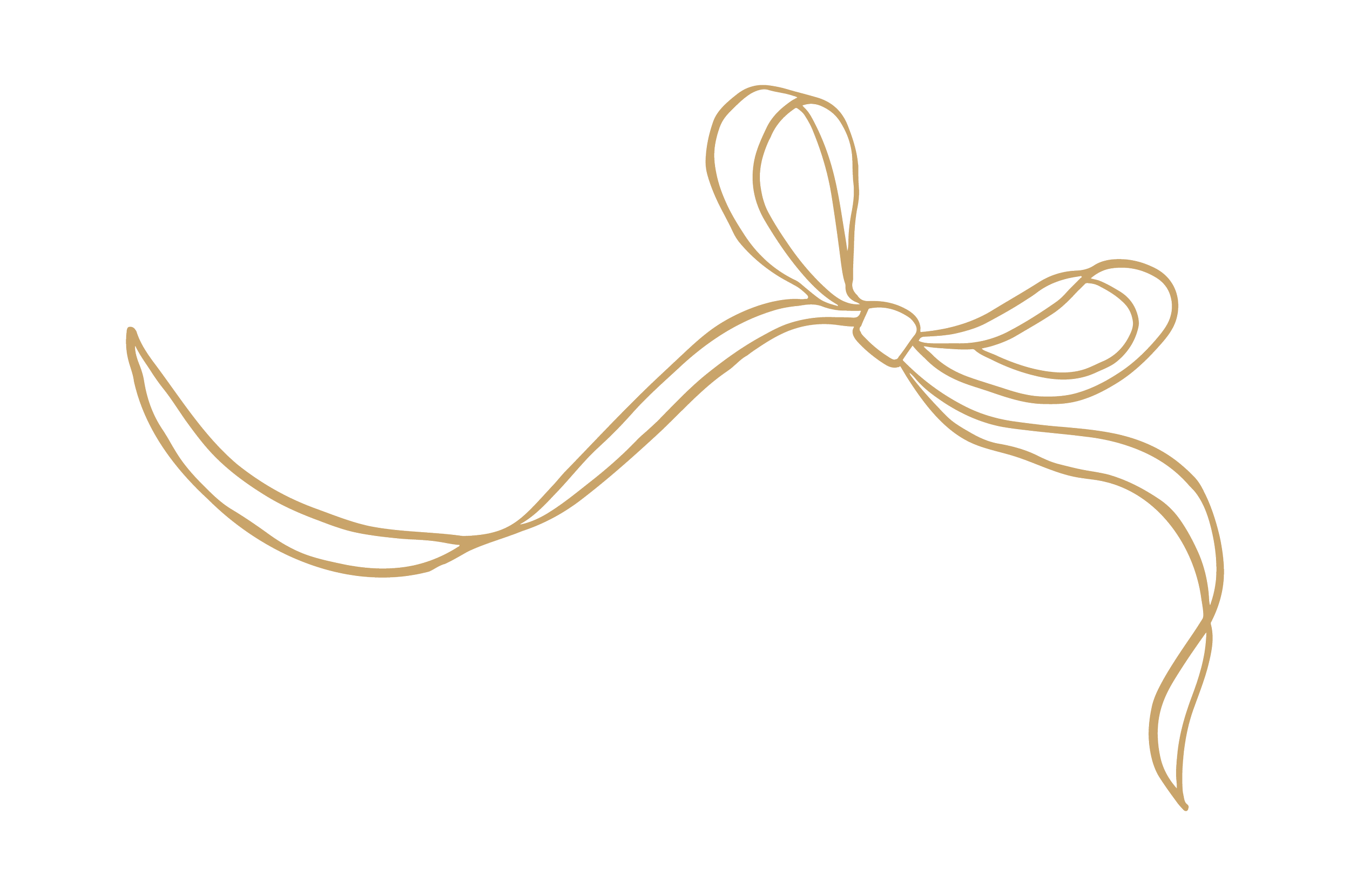 A simple, line drawing of a bow tied into a ribbon, depicted in a beige color on a black background.