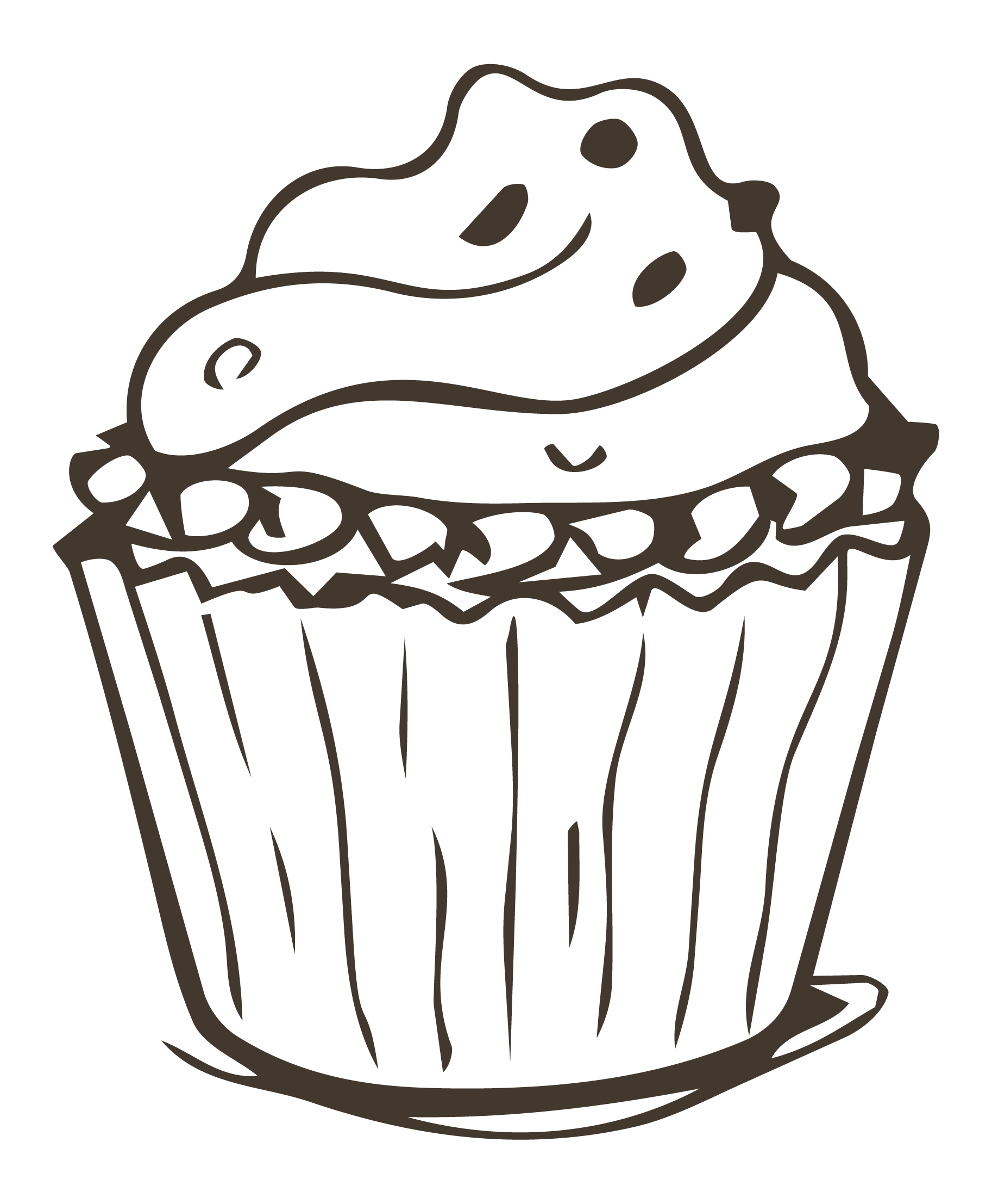 Line drawing of a cupcake with frosting on top in a paper cup holder.