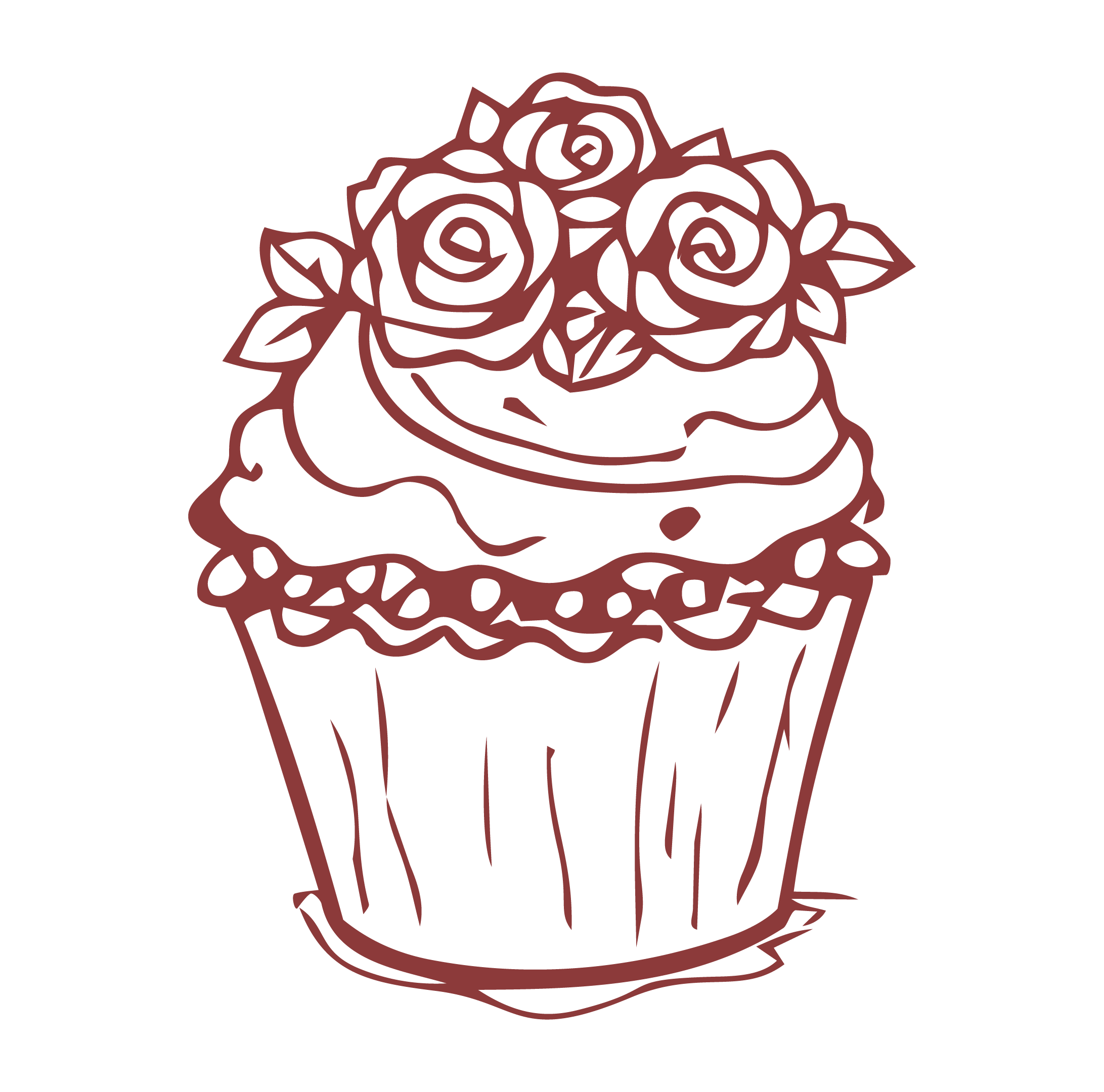 Line art illustration of a cupcake with roses on top, on a black background.
