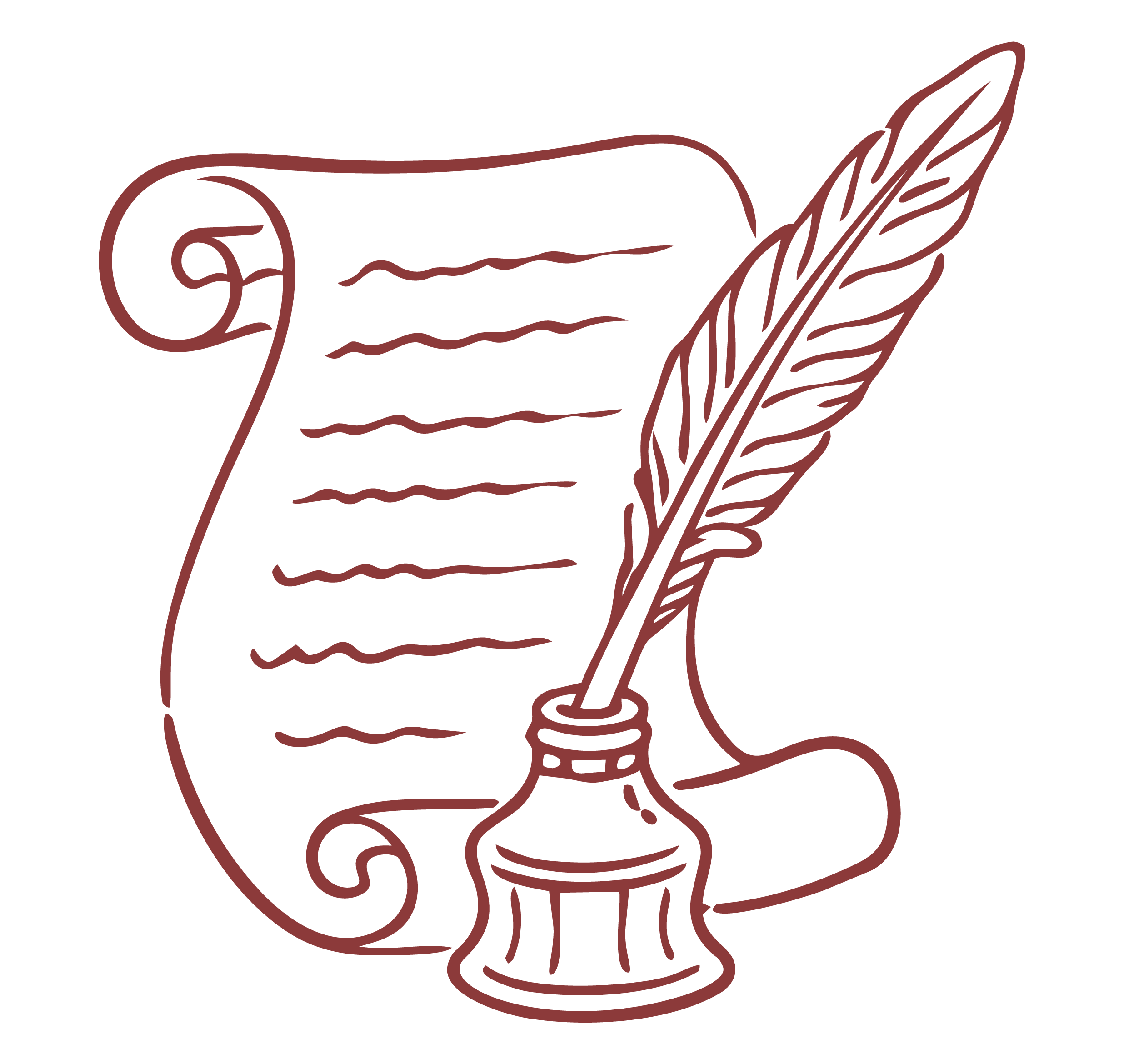 Stylized drawing of a scroll, quill, and ink bottle.