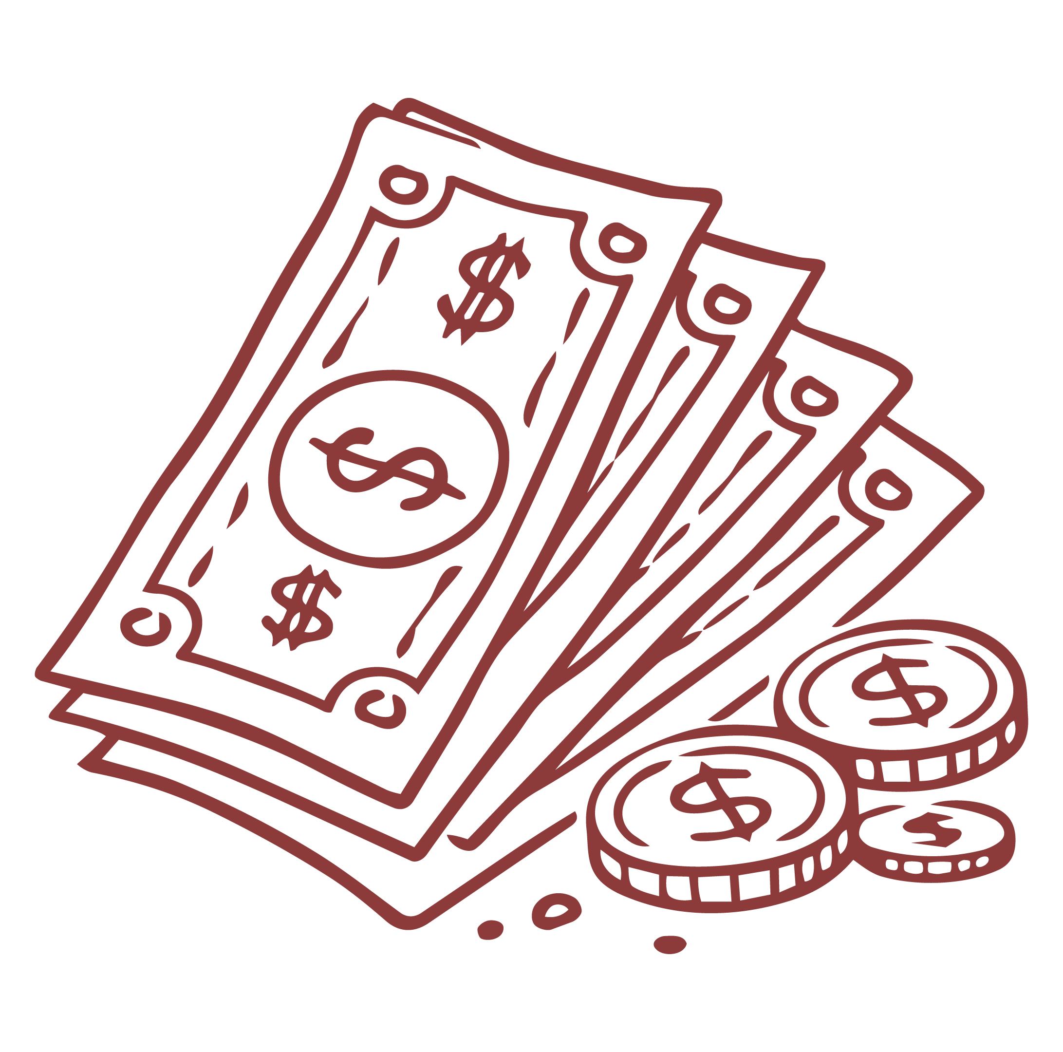 Simple line drawing of several paper bills and coins with dollar signs, representing money.