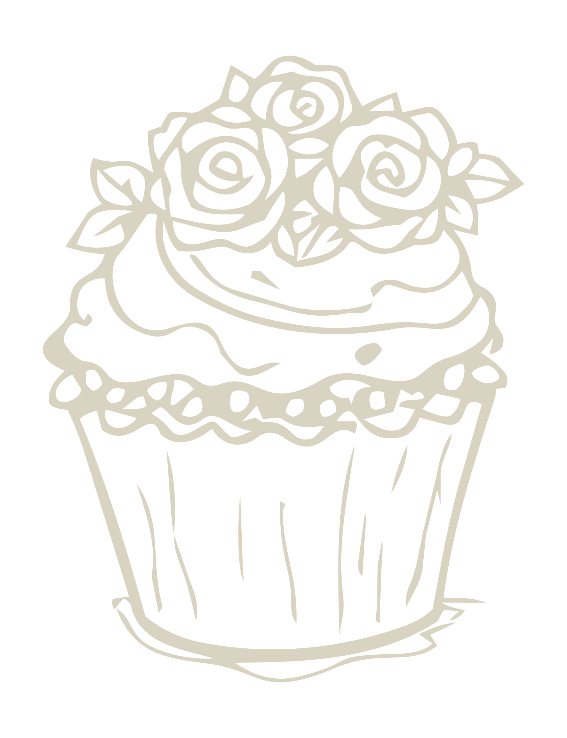 Line art of a cupcake with three roses on top, set against a black background.