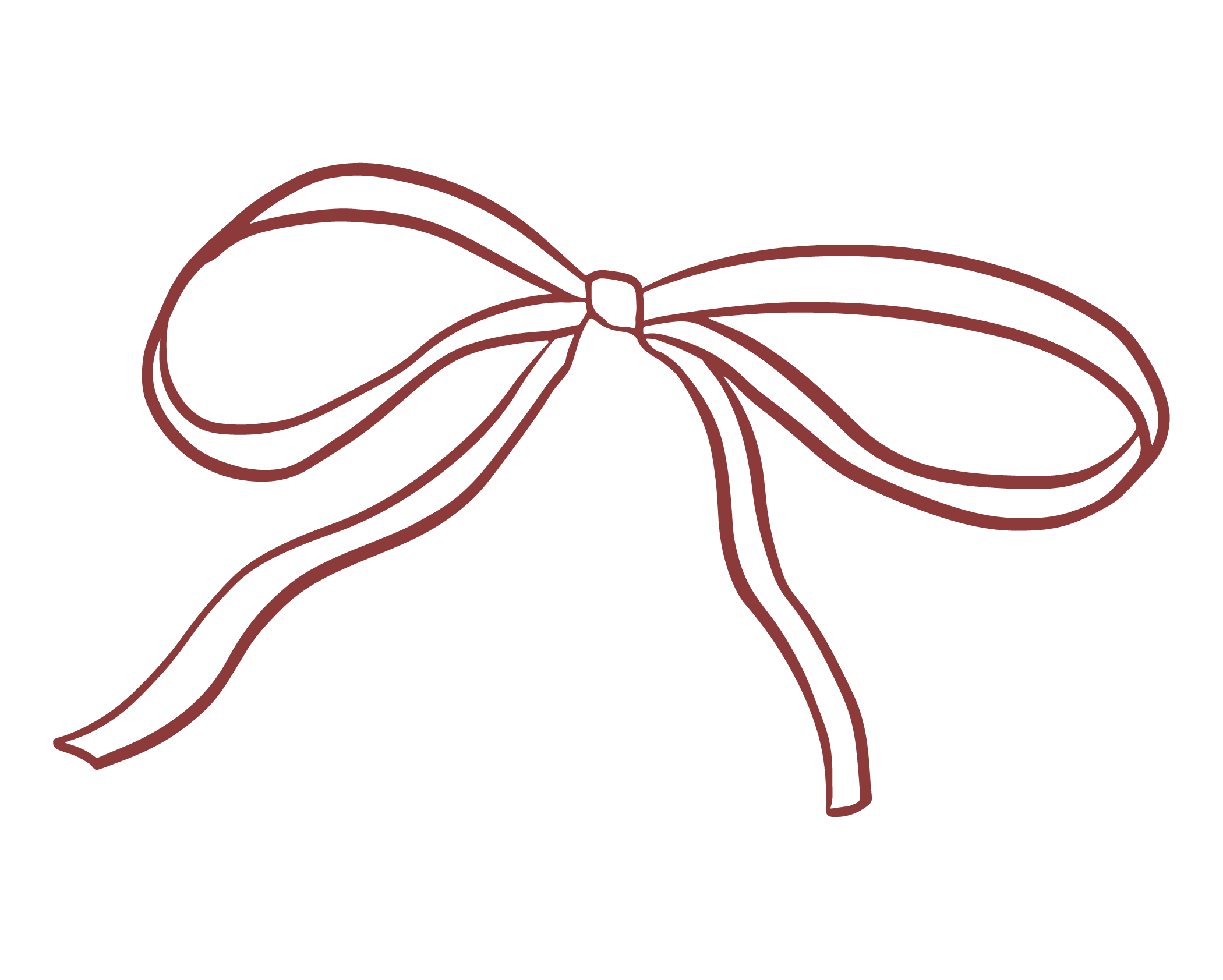 Outline drawing of a gift bow with loops and tails on a black background.