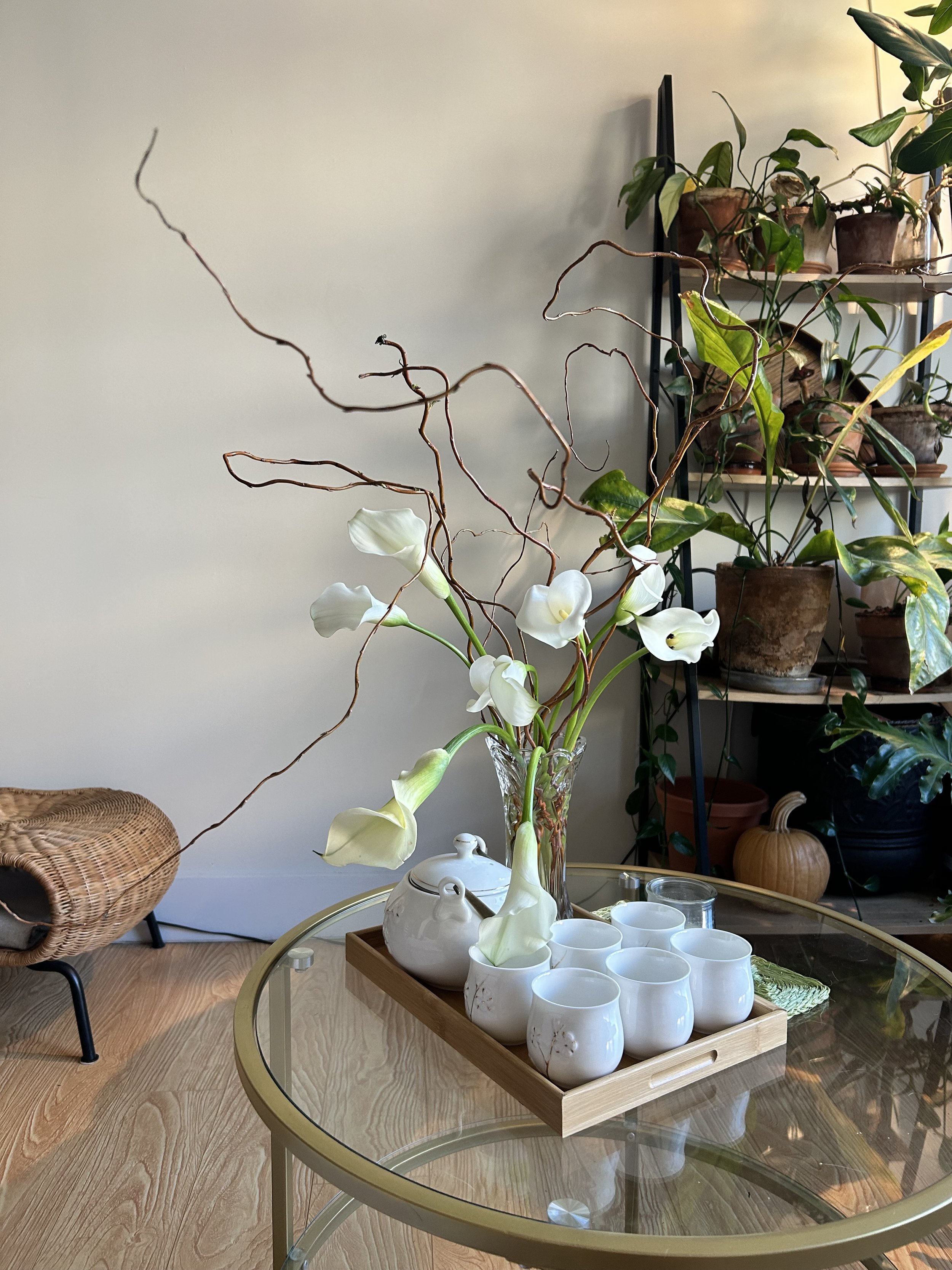A glass vase with white calla lilies and twisted brown branches on a wooden tray, surrounded by white ceramic cups, on a glass-topped table in a room with potted plants.