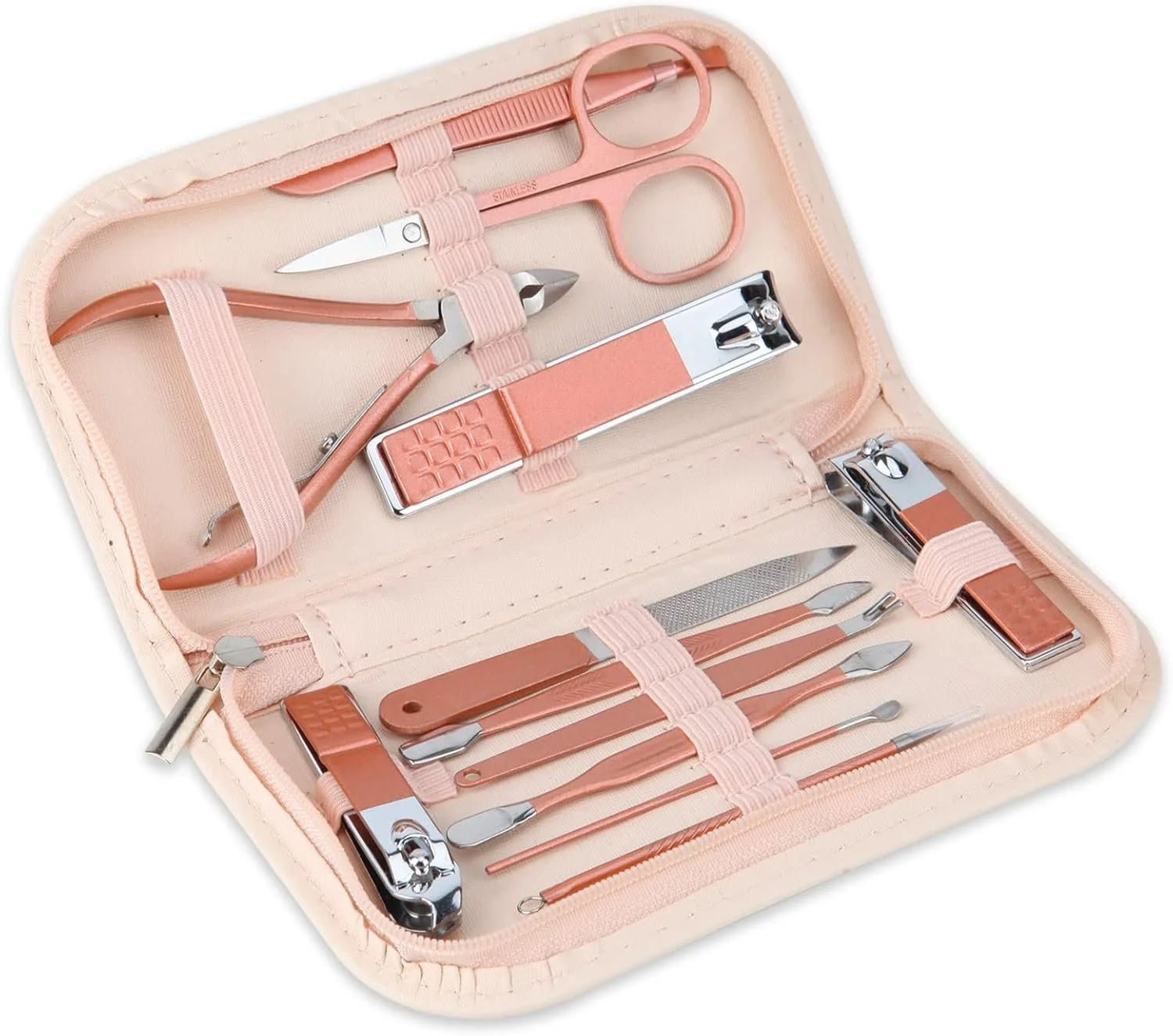 Nail Clippers and Beauty Tool Portable Set Manicure Set 12 in 1, with Pink Leather Bag