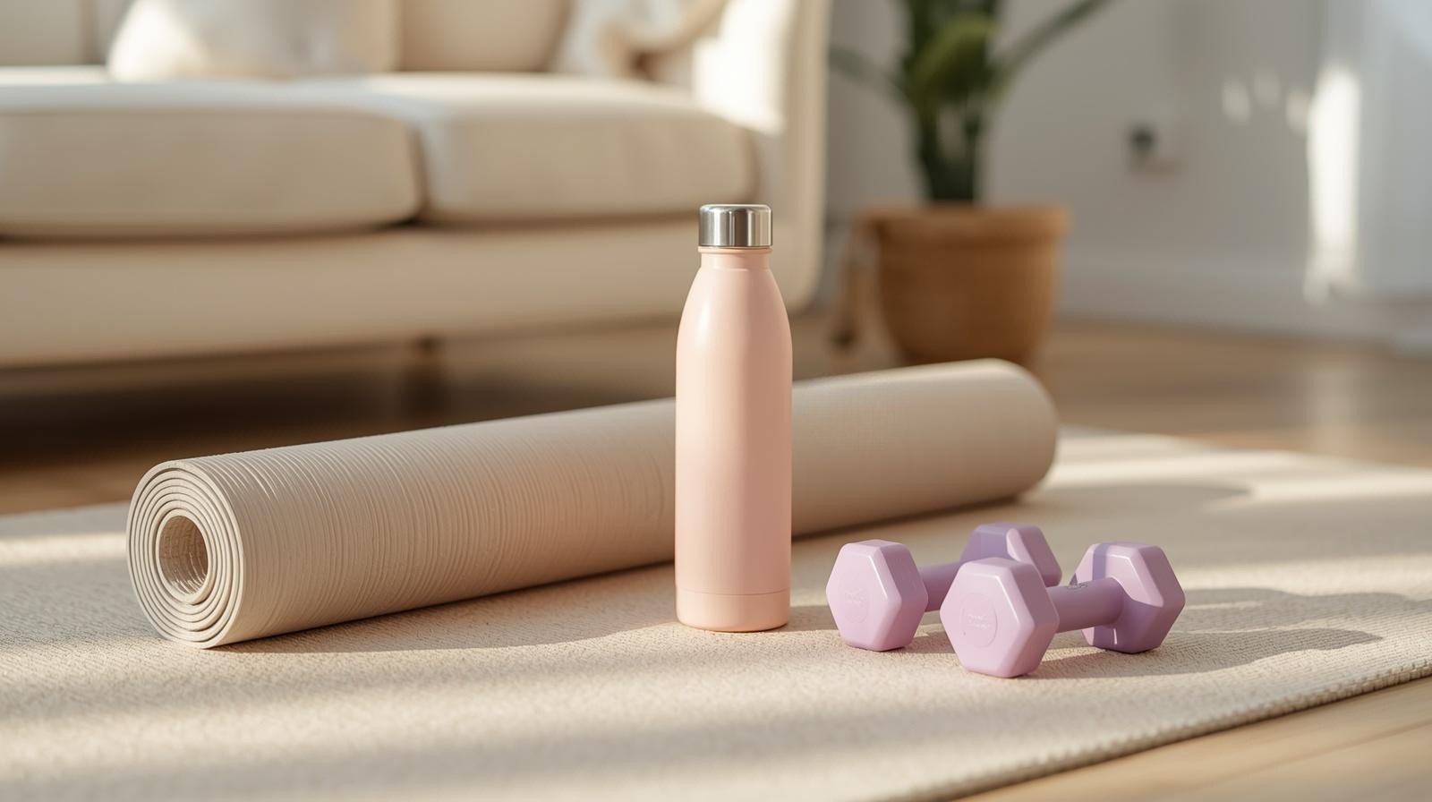Fitness mat, pink water bottle, and purple dumbbells on a beige exercise mat in a bright room with a sofa and potted plant in the background.