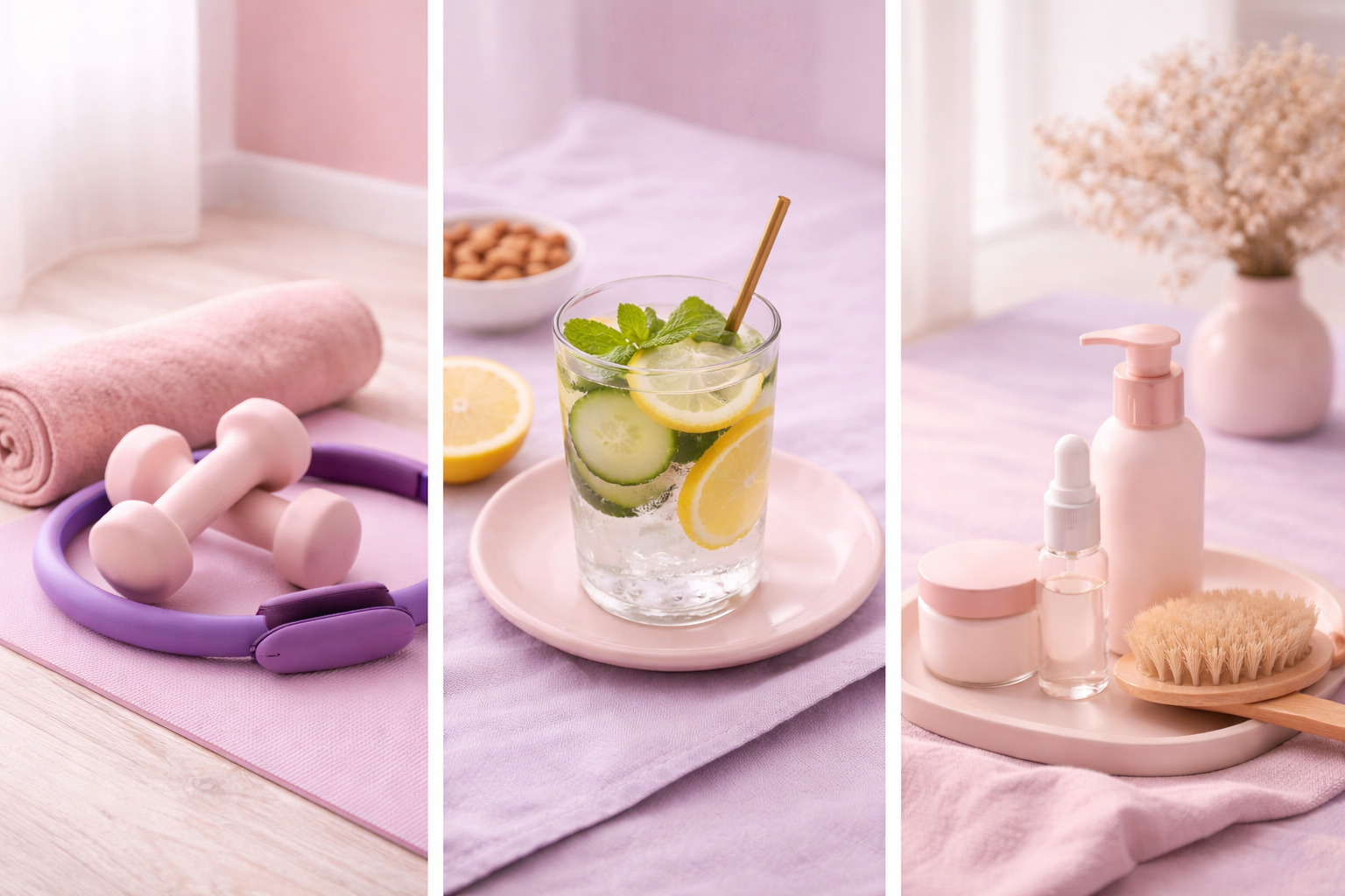A triptych of wellness and self-care items: left panel shows a pink yoga mat with a rolled-up towel, white dumbbells, and purple resistance band; middle panel features a glass of infused lemon, cucumber, and mint water on a pink tray with lemon halves and a bowl of snacks in the background; right panel displays skincare products including bottles, cream, a facial spray, a dry brush, and a vase with white flowers on a pink tray, all on a pink tablecloth.