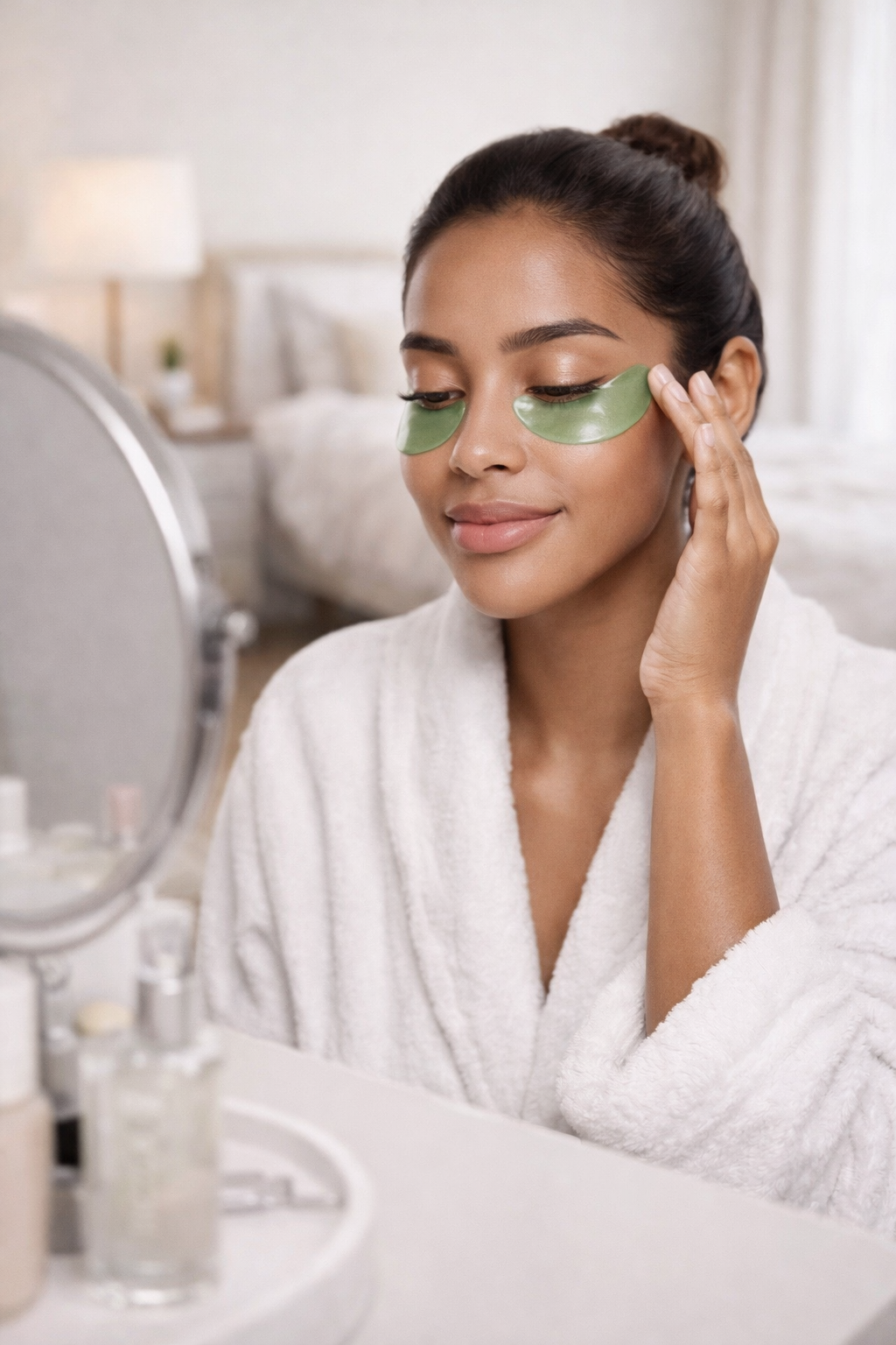 A woman with dark hair in a bun wearing a white bathrobe applies under-eye gel patches while looking in a mirror.