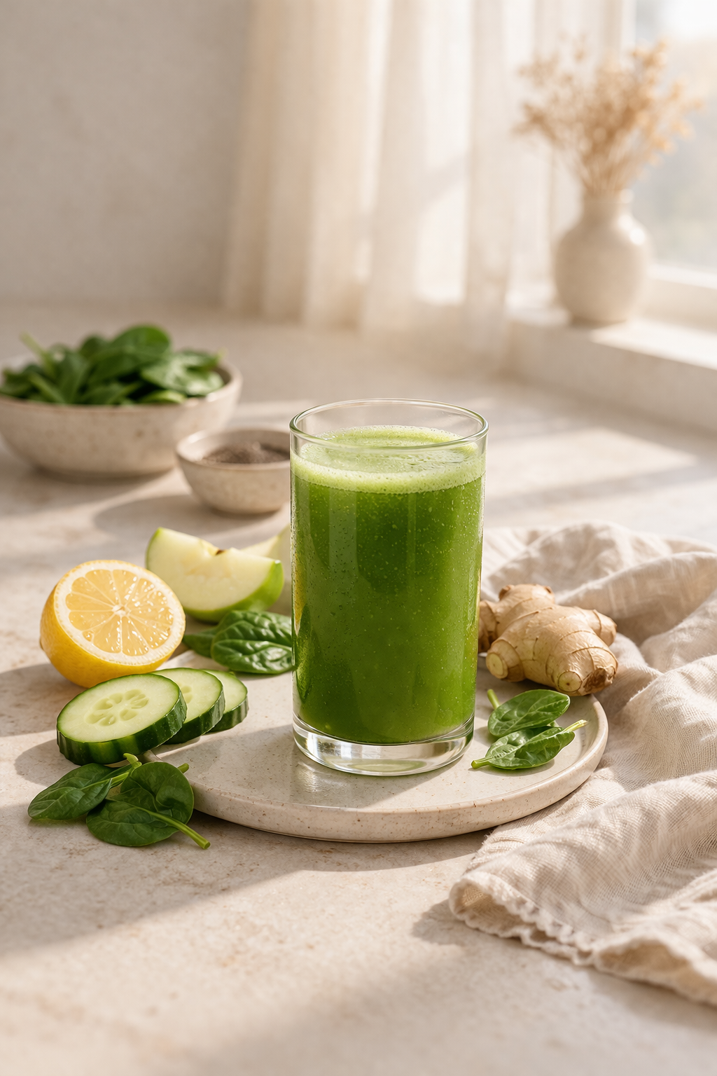 A tall glass of green vegetable juice on a beige stone tray, surrounded by sliced cucumber, lemon, apple, ginger, and fresh spinach leaves in a bright kitchen with natural sunlight.