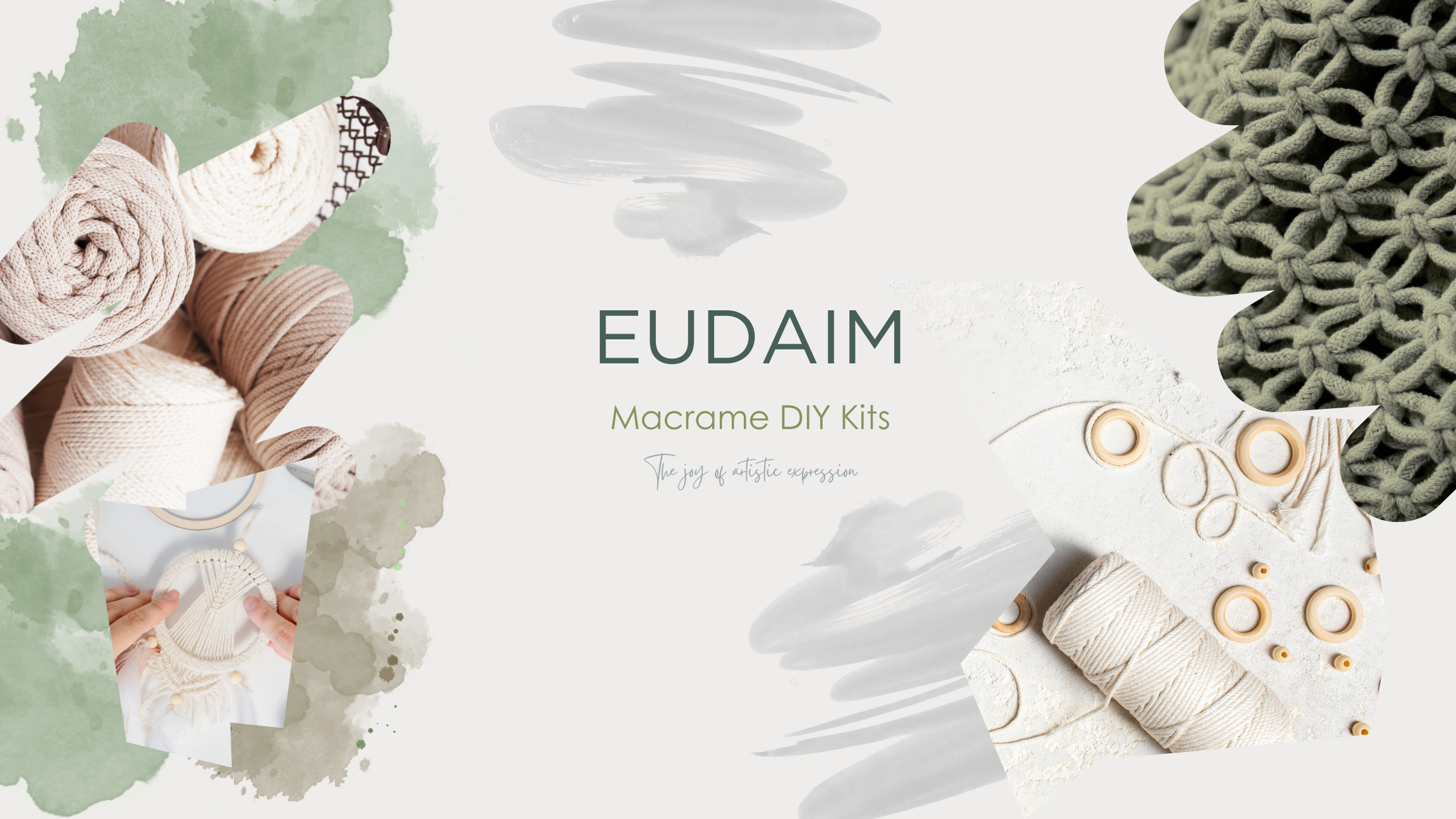 A collage of macrame materials including yarns, knots, and a finished macrame piece, with text that reads 'EUD AIM Macrame DIY Kits The joy of artistic expression' on a white and green watercolor background.