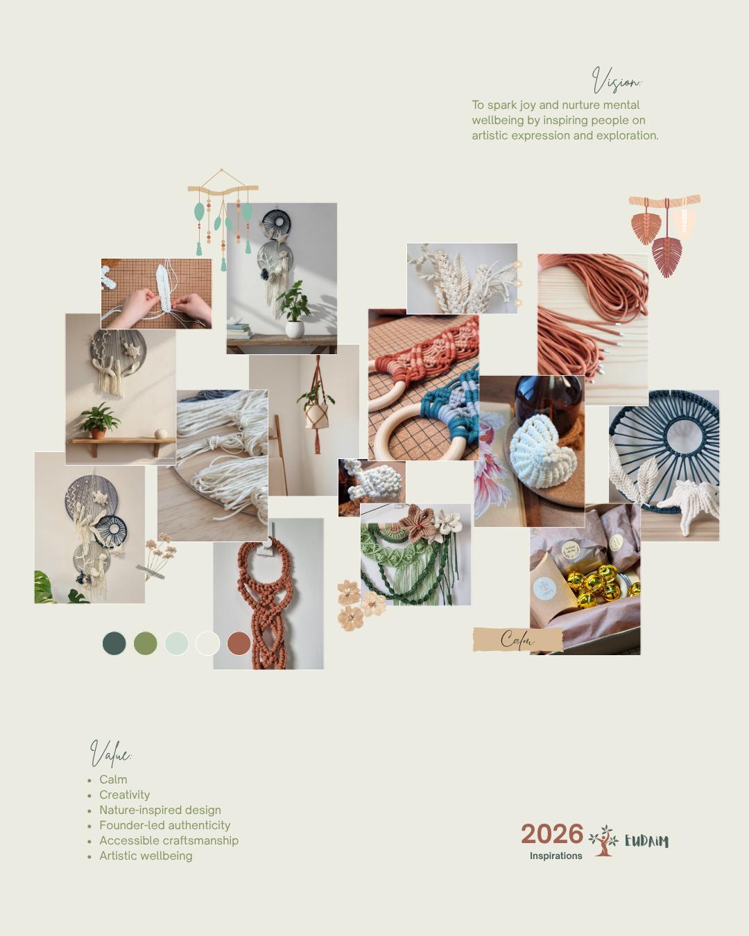 Collage of handmade crafts including macrame wall hangings, woven jewelry, and yarn decorations with a neutral background and text about artistic expression and design