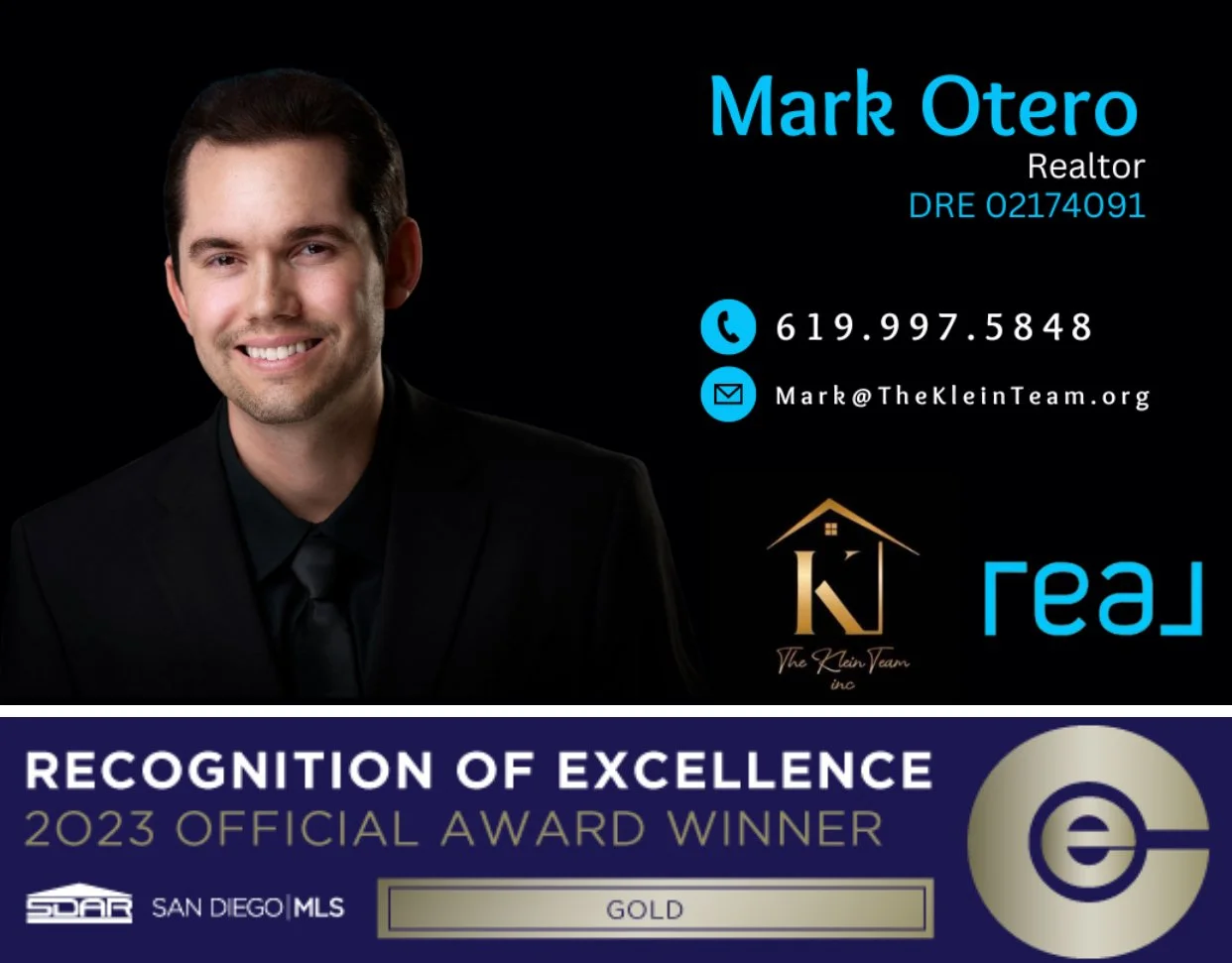 Business card for Mark Otero, realtor, with a professional headshot, phone number, email, and company logo, along with an award recognition banner at the bottom.