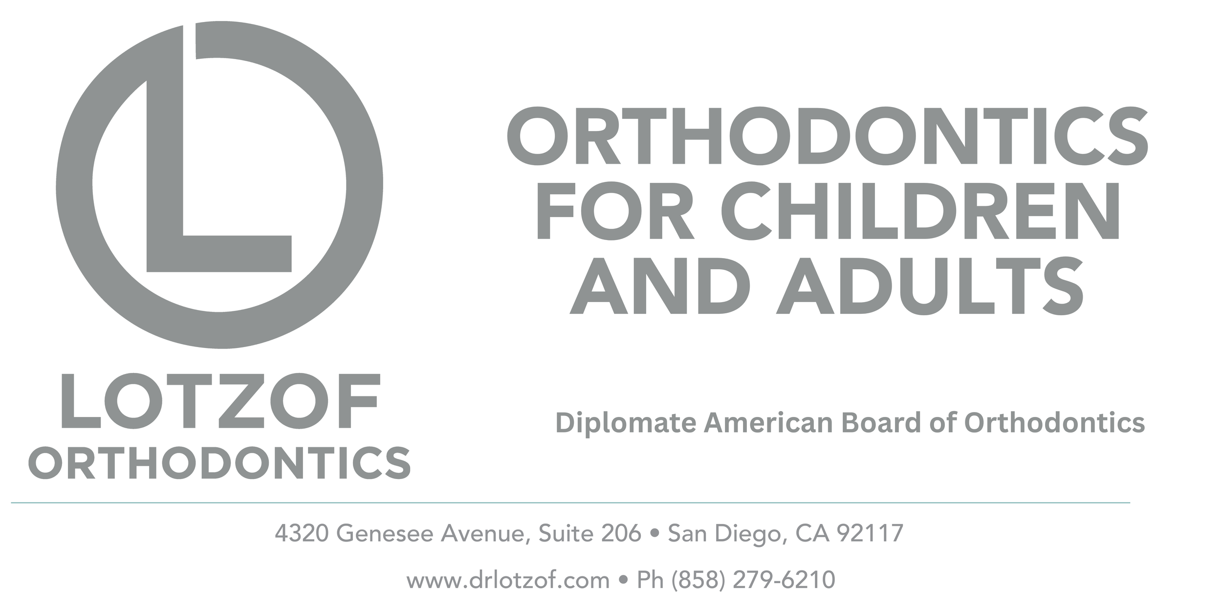 Business card for Lotzof Orthodontics featuring a logo with a stylized 'L' and text indicating orthodontic services for children and adults, with the address in San Diego, CA.