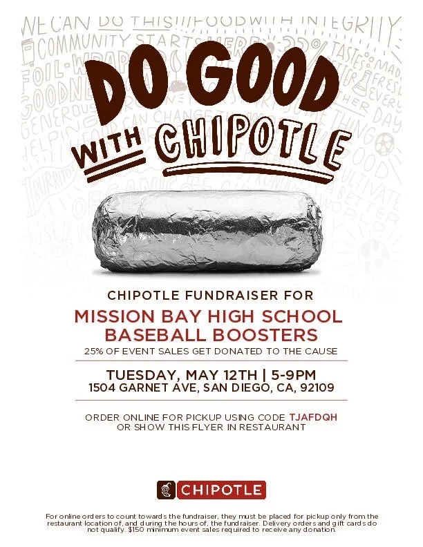 Flyer promoting a Chipotle fundraiser for Mission Bay High School baseball team, featuring a burrito wrapped in foil and event details.