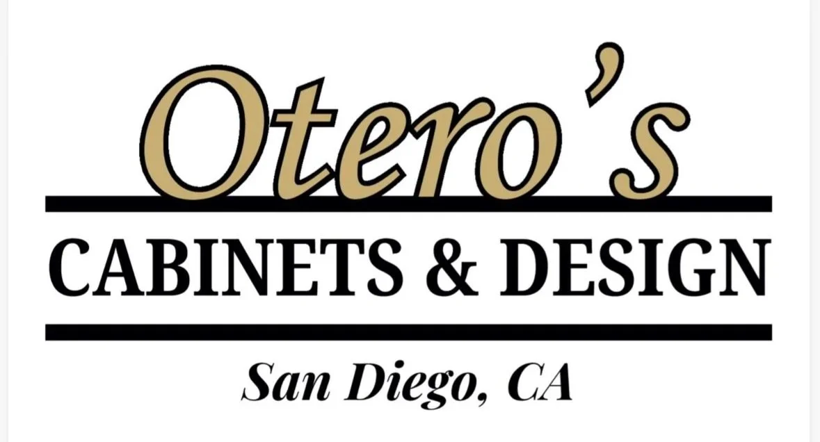 Logo for Otero's Cabinets & Design in San Diego, California, featuring the business name with decorative and bold fonts, and black horizontal lines.
