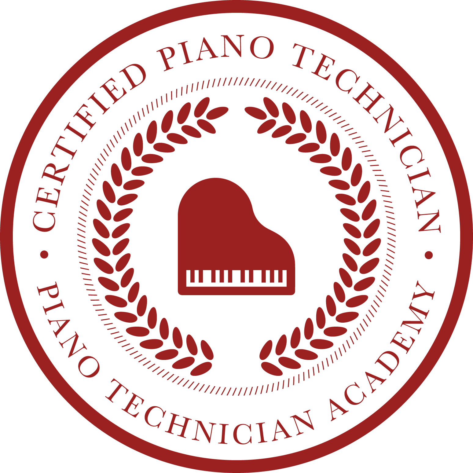 Circular logo with the text 'CERTIFIED PIANO TECHNICIAN' and 'PLANO TECHNICIAN ACADEMY', featuring a red silhouette of a grand piano in the center, surrounded by a laurel wreath.